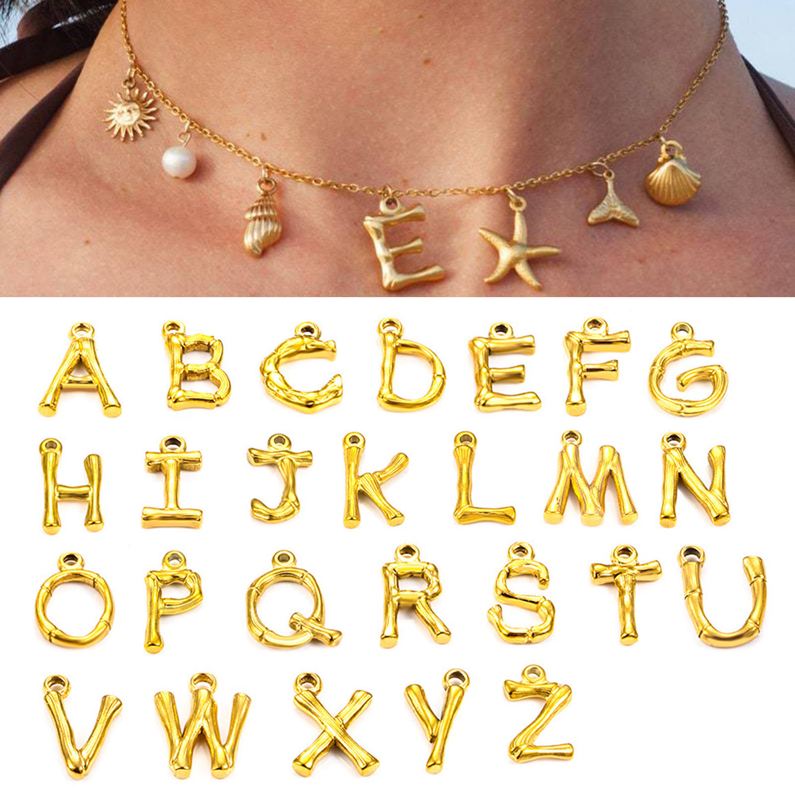 Image de 1 Pièce Collier à Pendentif Chaîne Maille Forçat Bijoux d'Océan en 304 Acier Inoxydable Placage sous Vide Bohême Plaqué Or 18K Etoile de Mer Coquilles Lettre Initiale Mots" A-Z " Imitation Perles Fille Surfeuse sur la Plage Pour Femmes Fête
