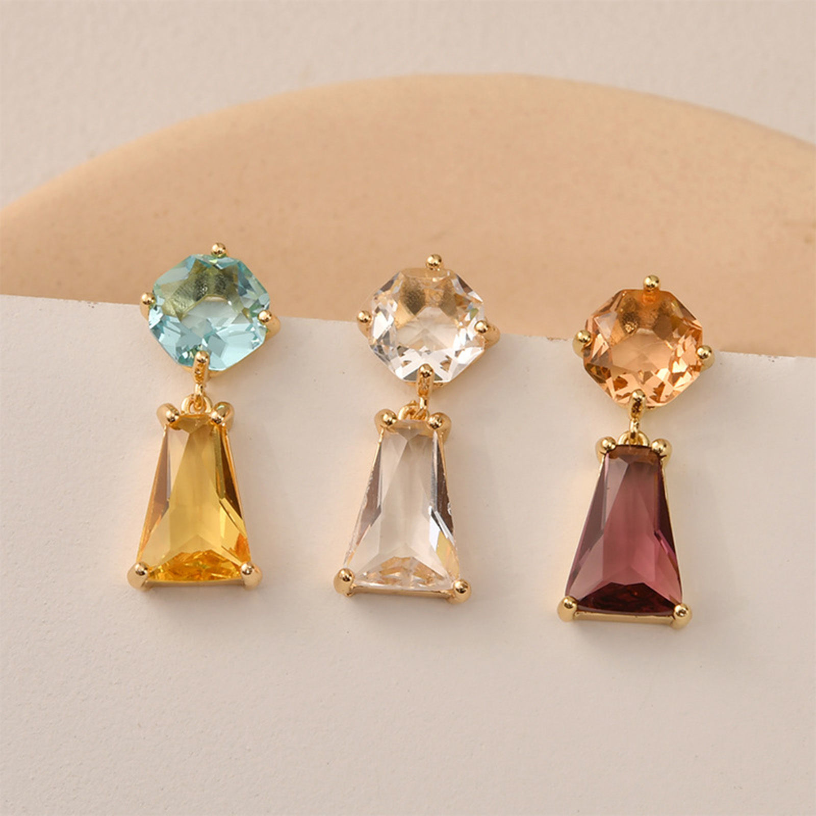 Picture of Hypoallergenic Brass Birthstone Ear Post Stud Earring For DIY Jewelry Making Accessories 14K Gold Plated Geometric With Loop Multicolor Rhinestone