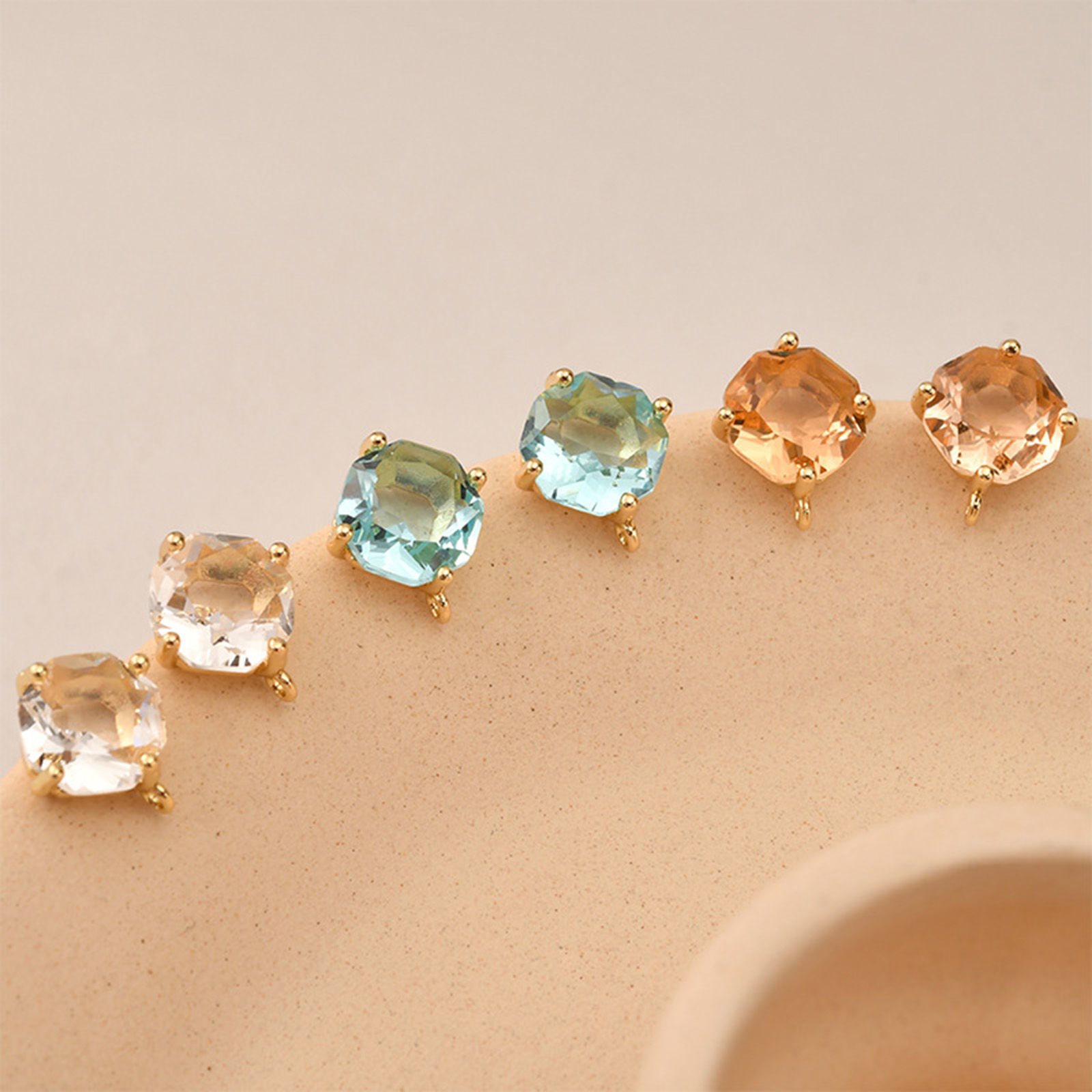 Picture of Hypoallergenic Brass Birthstone Ear Post Stud Earring For DIY Jewelry Making Accessories 14K Gold Plated Geometric With Loop Multicolor Rhinestone