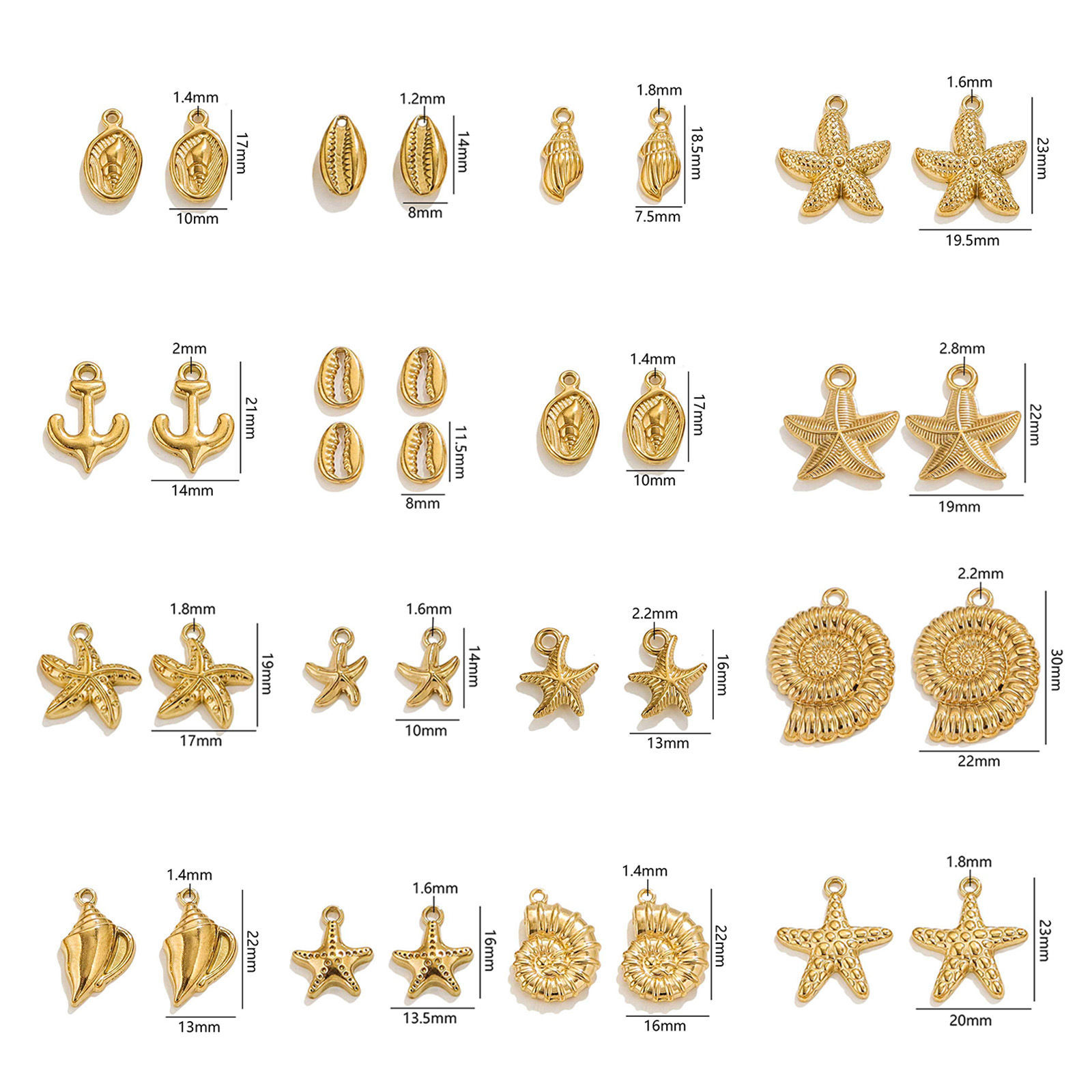 Image de 2 Pcs Breloques en 304 Acier Inoxydable Placage sous Vide Bijoux d'Océan Escargot de Mer Plaqué Or 18K Etoile de Mer