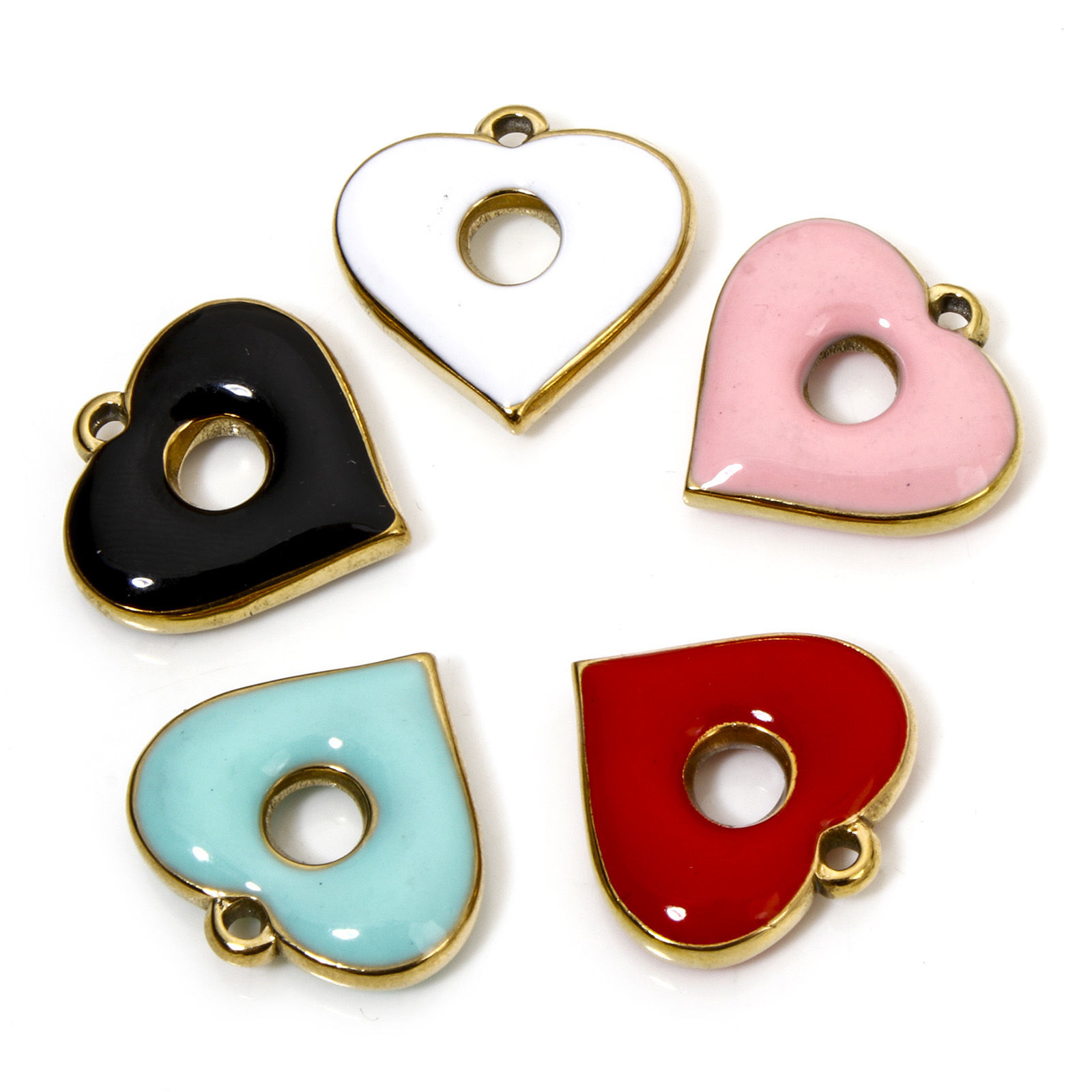 Picture of Vacuum Plating 304 Stainless Steel Valentine's Day Charms Gold Plated Multicolor Heart Circle Ring Enamel