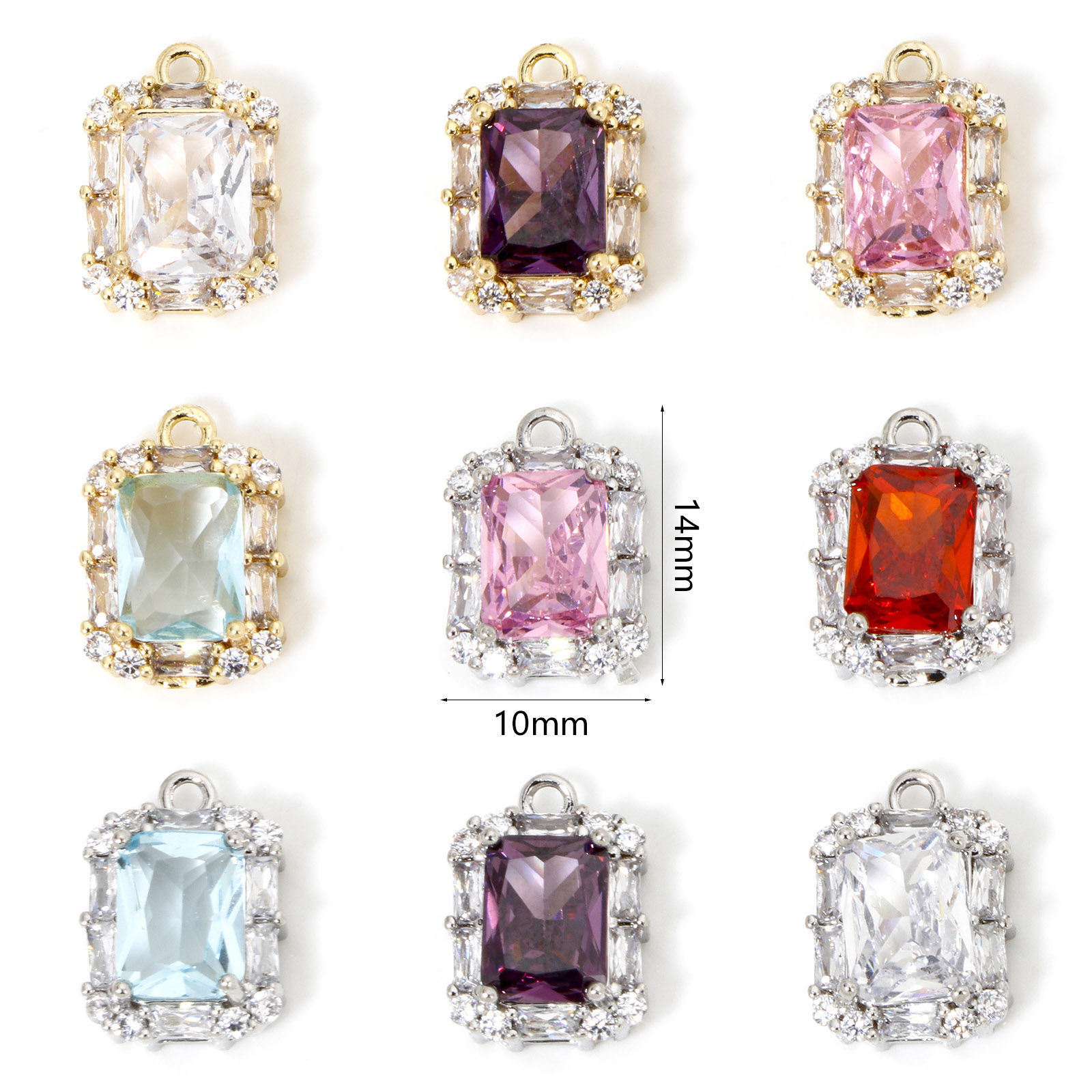 Picture of Eco-friendly Brass & Glass Micro Pave Charms Real Gold Plated Rectangle Multicolor Rhinestone 14mm x 10mm