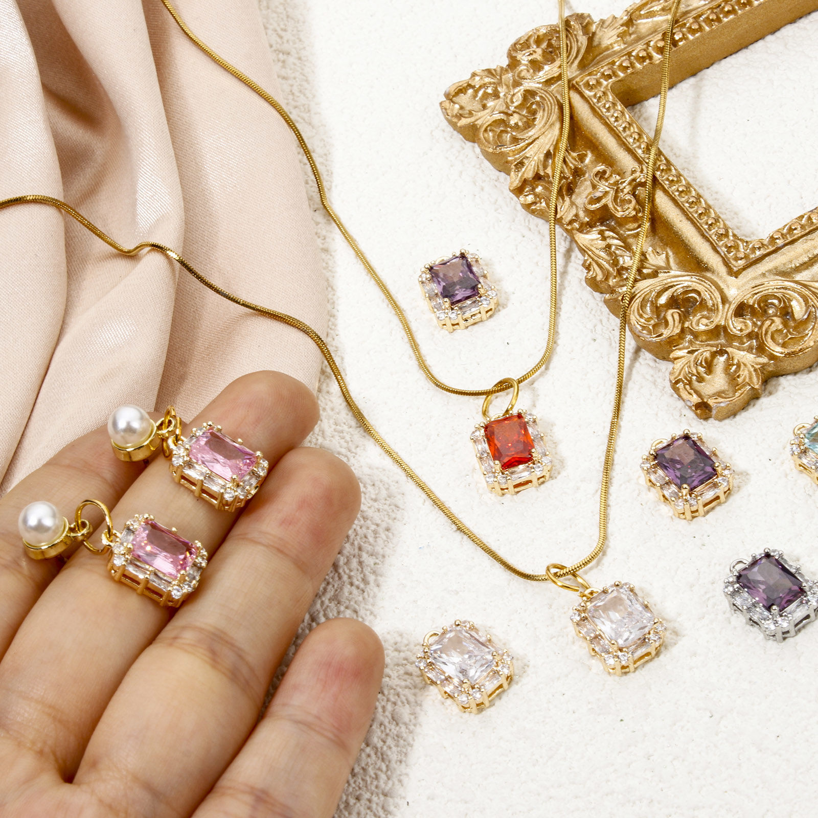Picture of Eco-friendly Brass & Glass Micro Pave Charms Real Gold Plated Rectangle Multicolor Rhinestone 14mm x 10mm