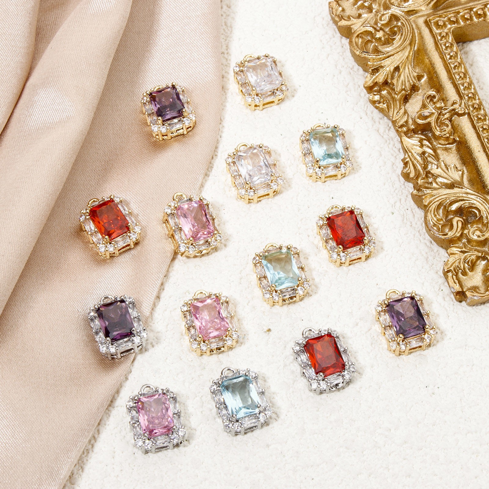 Picture of Eco-friendly Brass & Glass Micro Pave Charms Real Gold Plated Rectangle Multicolor Rhinestone 14mm x 10mm