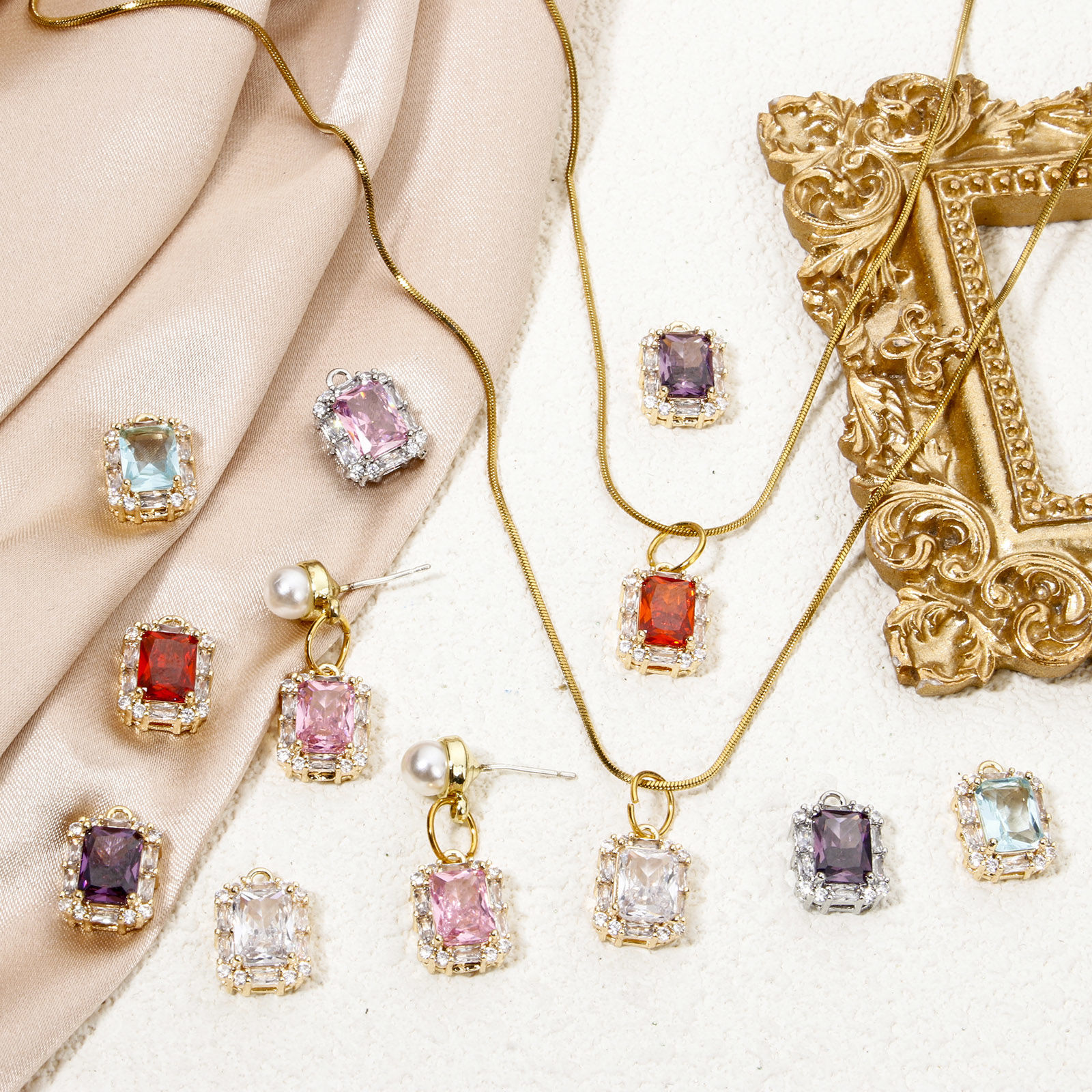 Picture of Eco-friendly Brass & Glass Micro Pave Charms Real Gold Plated Rectangle Multicolor Rhinestone 14mm x 10mm