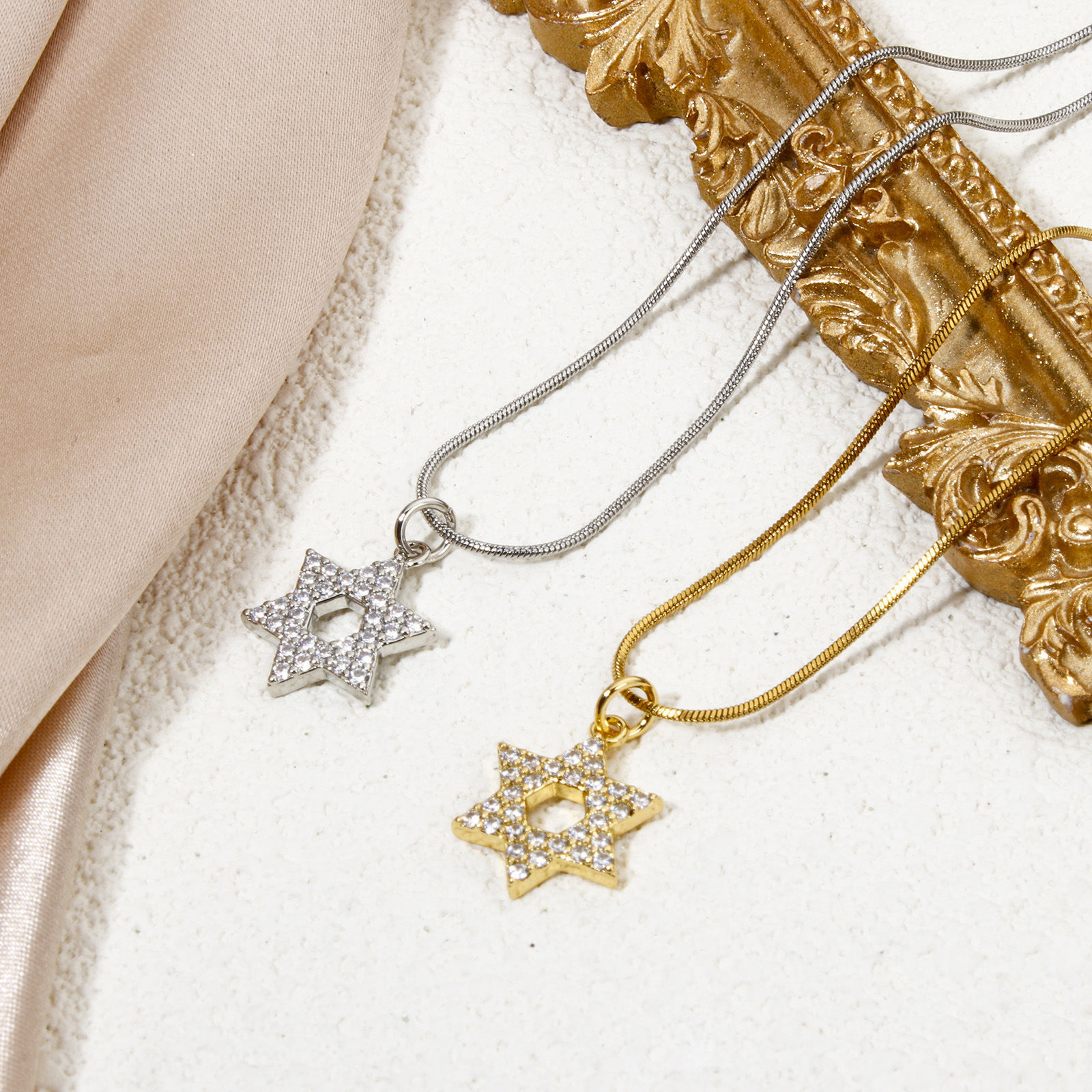 Picture of Eco-friendly Brass Religious Charms Real Gold Plated Star Of David Hexagram Micro Pave Clear Cubic Zirconia 20mm x 13mm