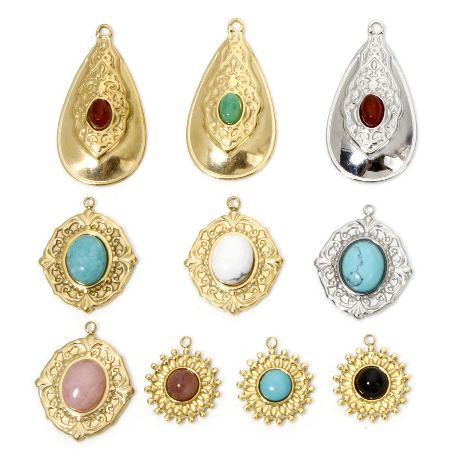 Picture of Eco-friendly Vacuum Plating 304 Stainless Steel & Stone Boho Chic Bohemia Charms Multicolor Multicolor Oval Carved Pattern