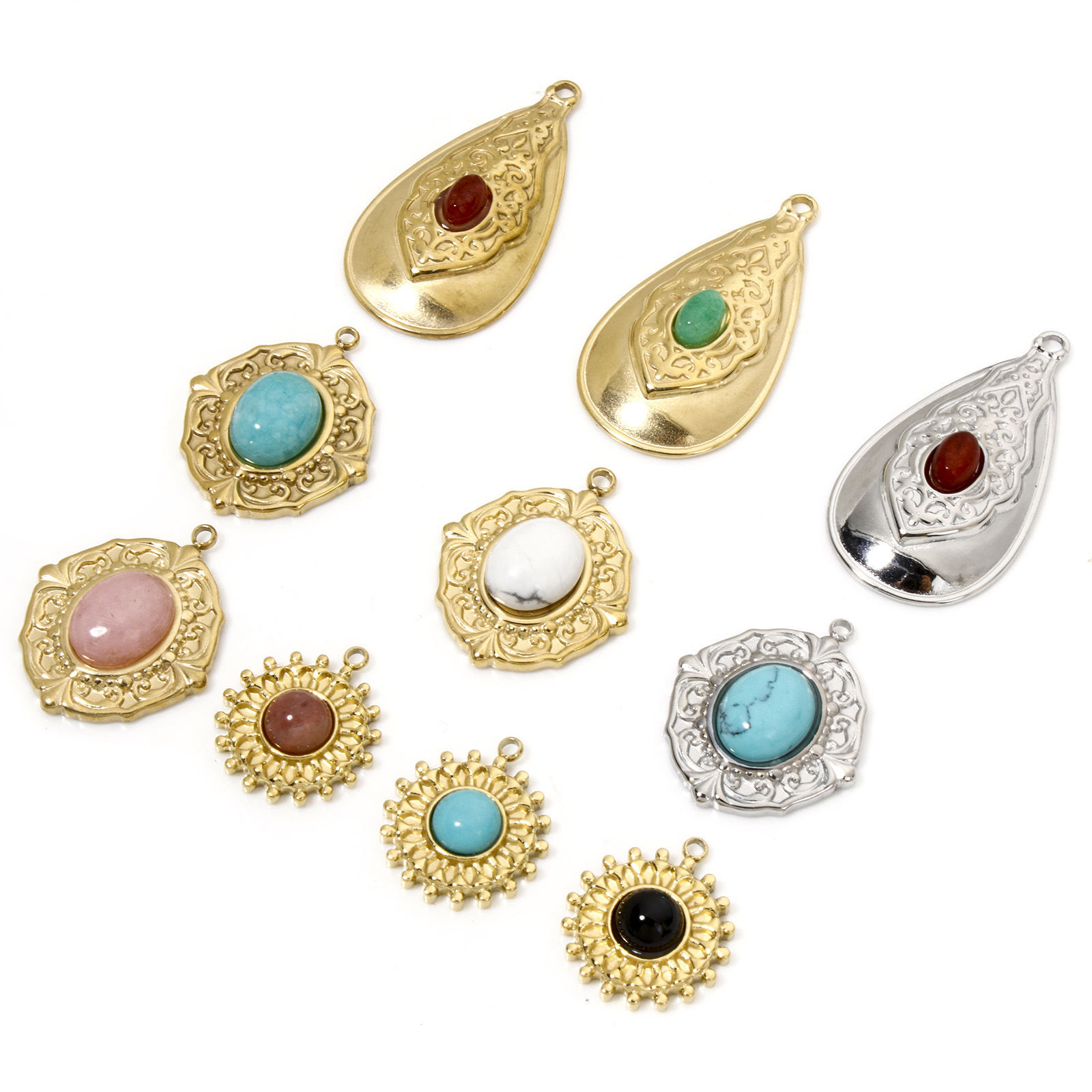 Picture of Eco-friendly Vacuum Plating 304 Stainless Steel & Stone Boho Chic Bohemia Charms Multicolor Multicolor Oval Carved Pattern