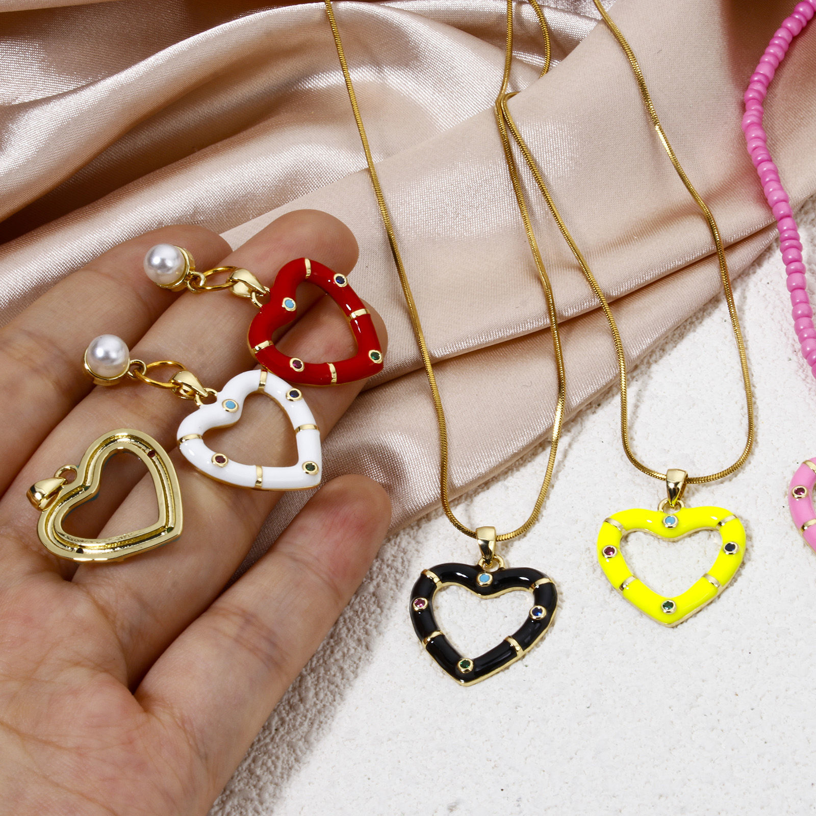 Picture of Eco-friendly Brass Valentine's Day Charm Pendant 18K Real Gold Plated Multicolor Heart Enamel Multicolour Cubic Zirconia 26mm x 21mm