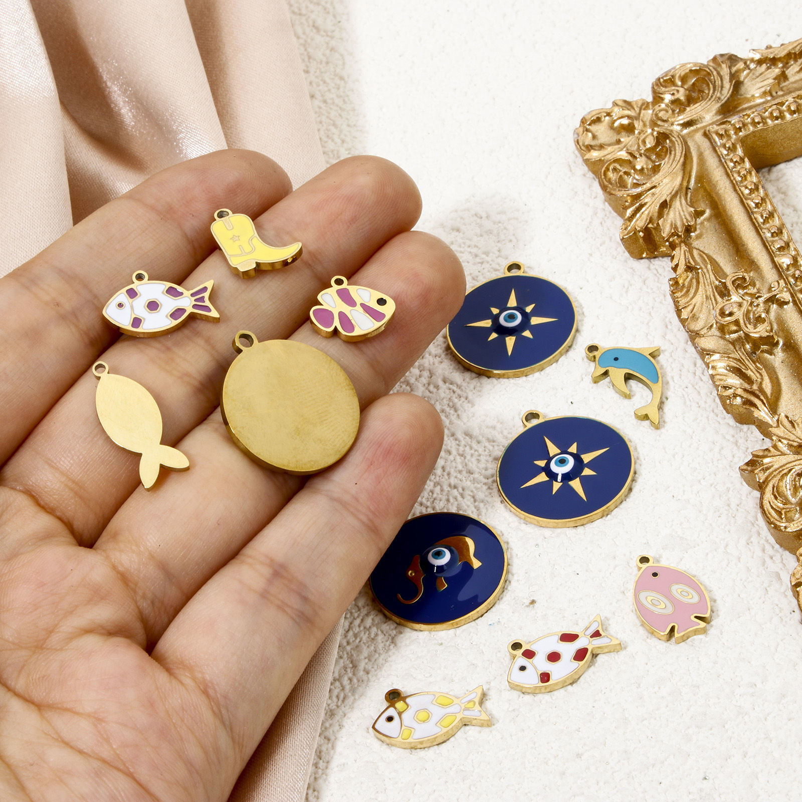 Picture of Vacuum Plating 304 Stainless Steel Ocean Jewelry Charms Gold Plated Multicolor Fish Animal Enamel