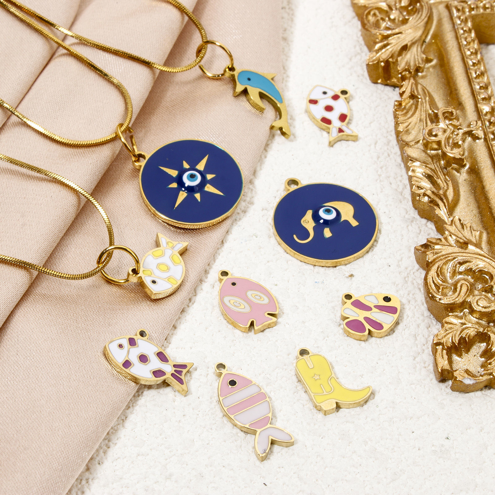 Picture of Vacuum Plating 304 Stainless Steel Ocean Jewelry Charms Gold Plated Multicolor Fish Animal Enamel