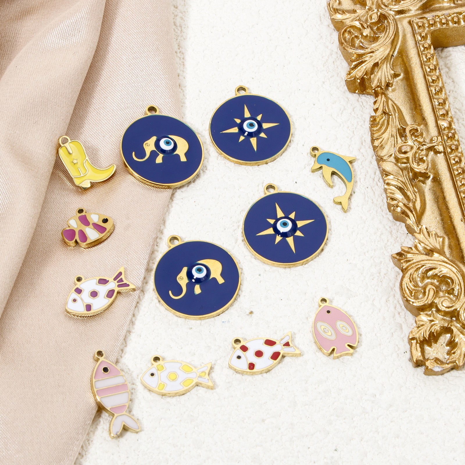 Picture of Vacuum Plating 304 Stainless Steel Ocean Jewelry Charms Gold Plated Multicolor Fish Animal Enamel