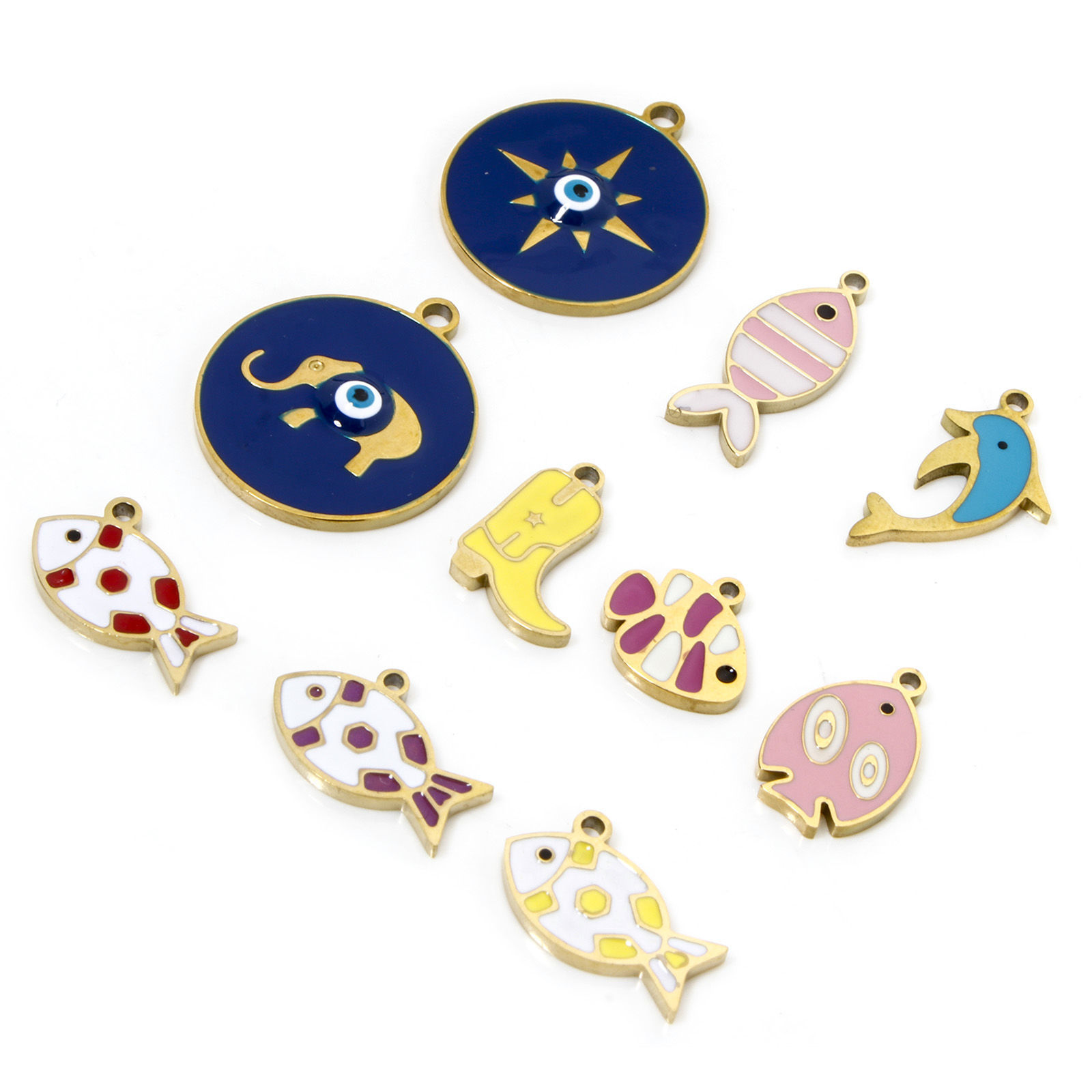 Picture of Vacuum Plating 304 Stainless Steel Ocean Jewelry Charms Gold Plated Multicolor Fish Animal Enamel
