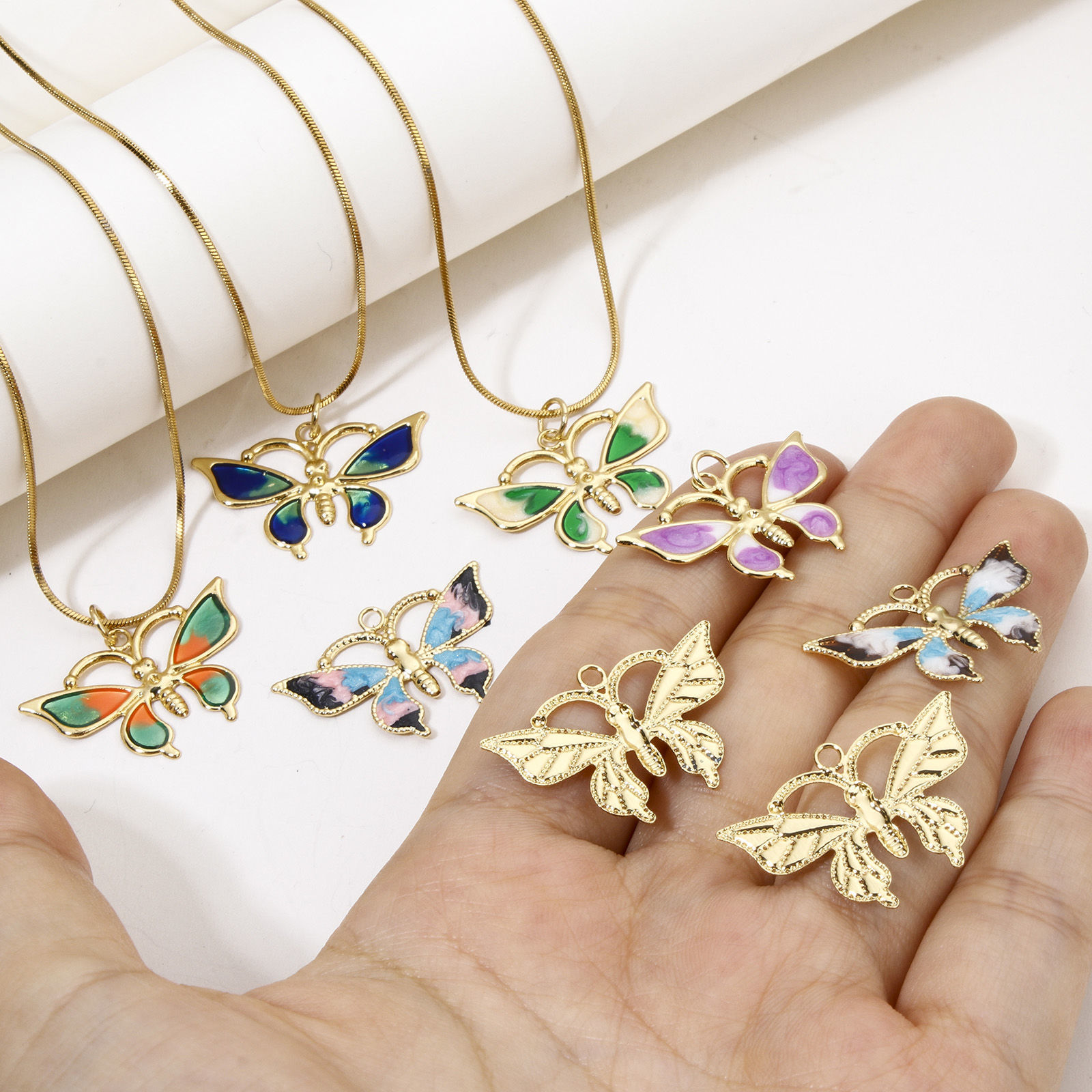 Picture of Eco-friendly Brass Insect Charms 18K Real Gold Plated Multicolor Butterfly Animal Enamel