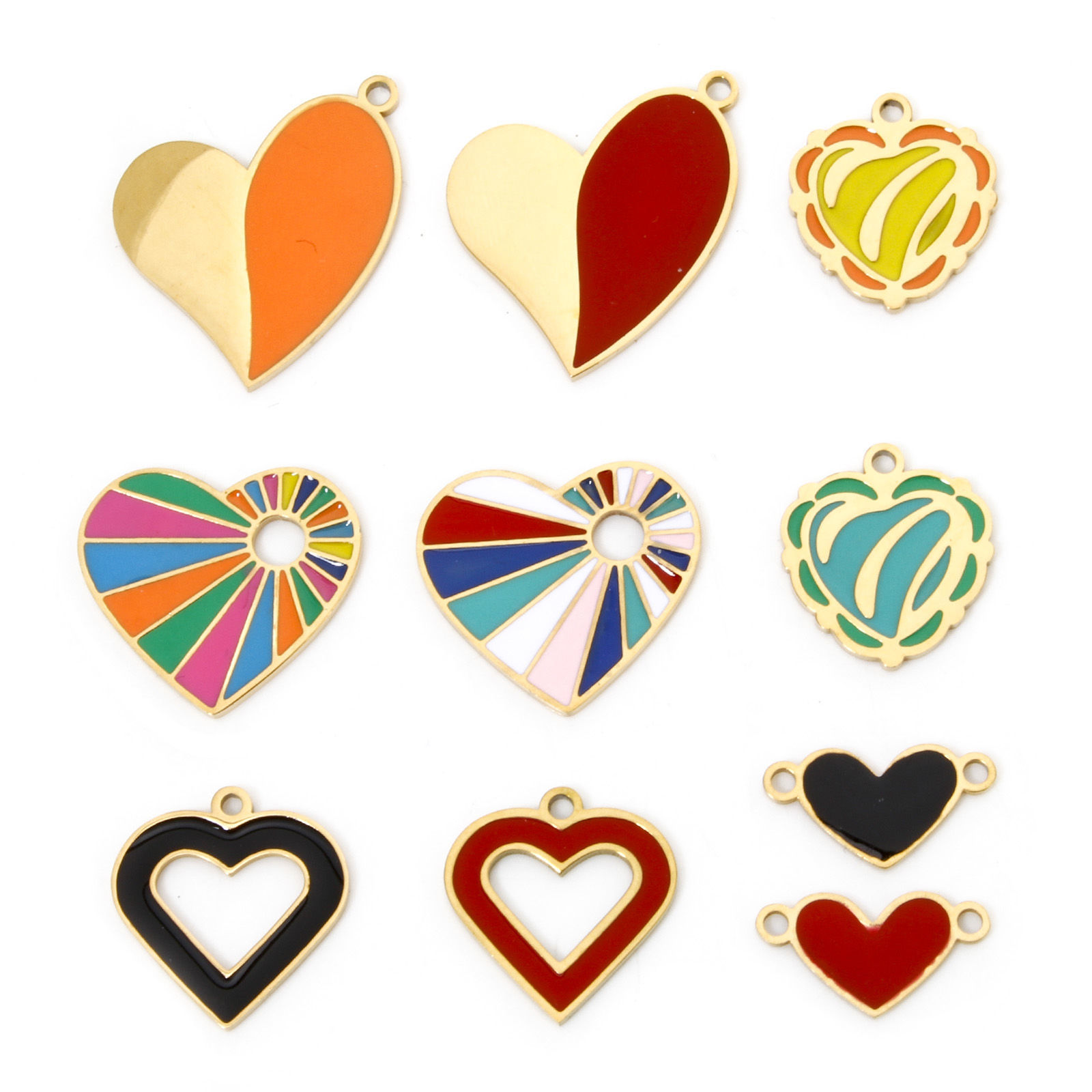 Picture of Vacuum Plating 304 Stainless Steel Valentine's Day Charms Gold Plated Multicolor Heart Enamel