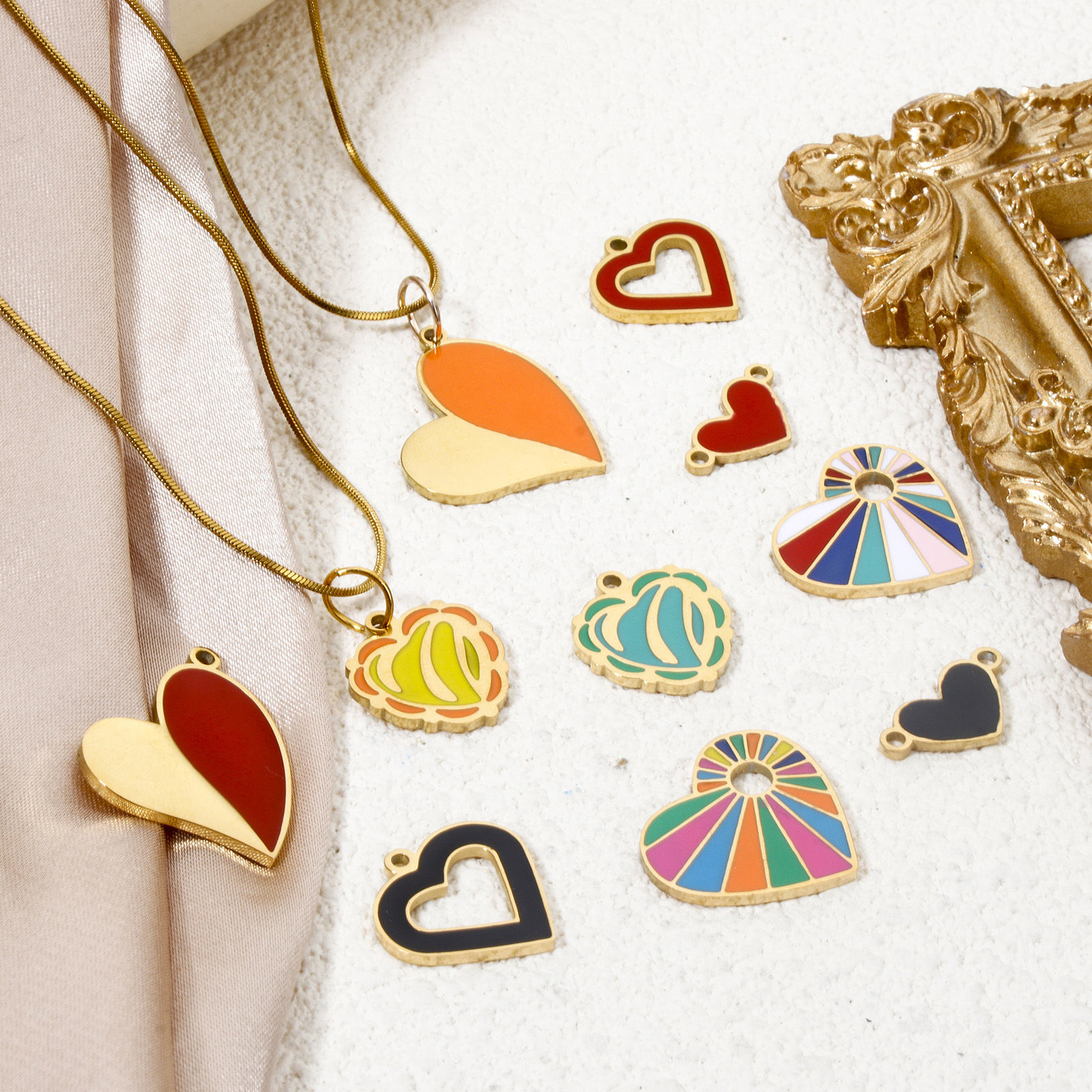 Picture of Vacuum Plating 304 Stainless Steel Valentine's Day Charms Gold Plated Multicolor Heart Enamel