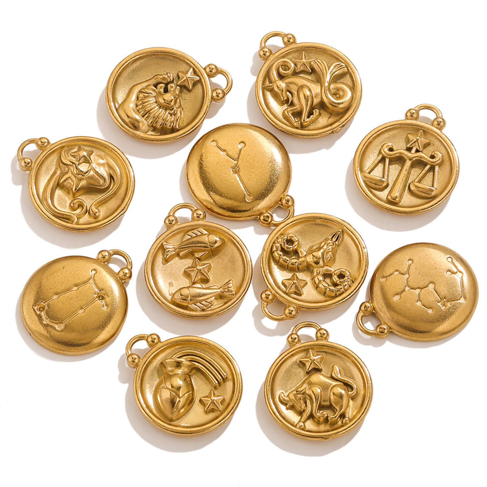 Picture of 304 Stainless Steel Charms Round Disc Constellation 20.5mm x 17mm