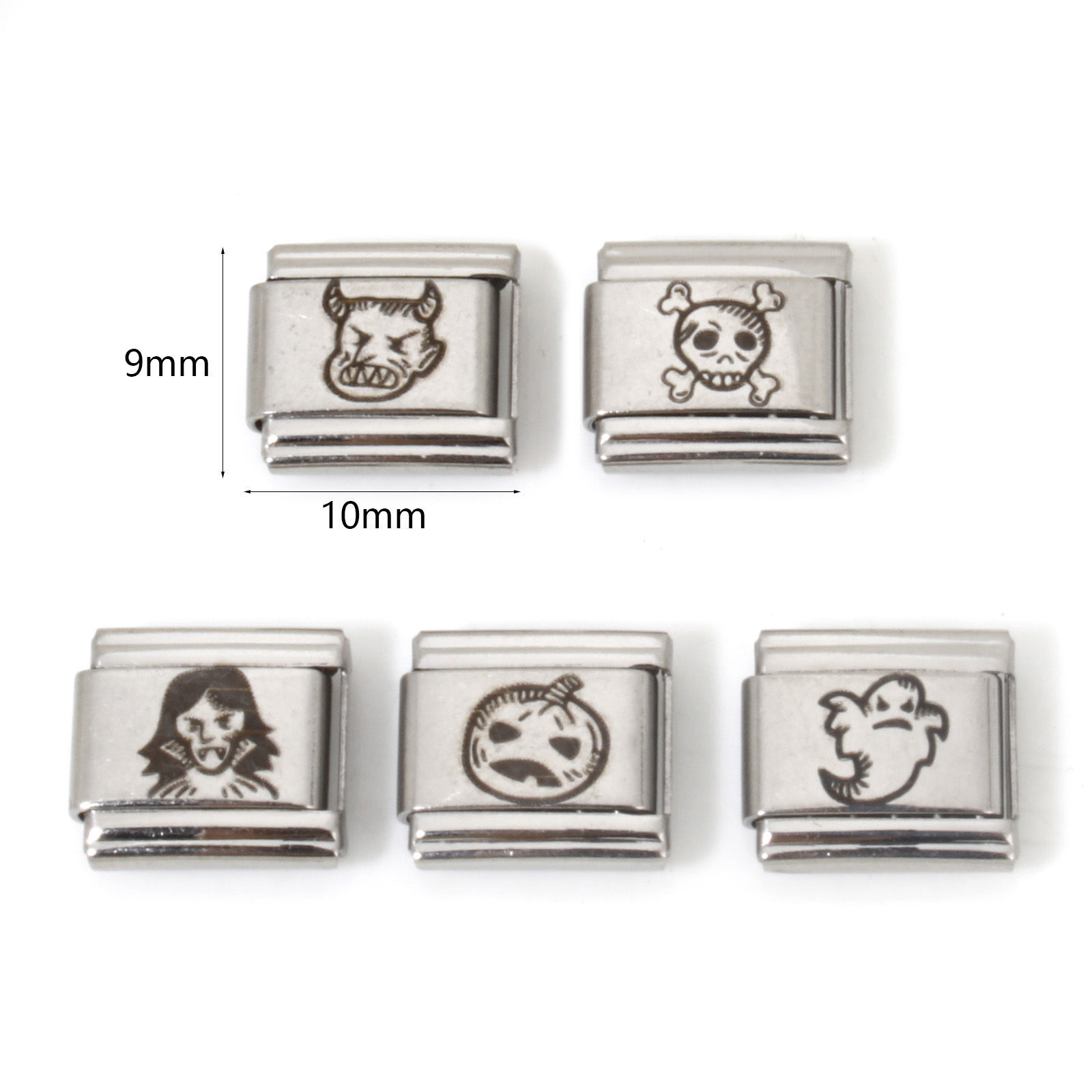 Picture of Stainless Steel Halloween Italian Charm Links For DIY Bracelet Jewelry Making Silver Tone Rectangle 10mm x 9mm