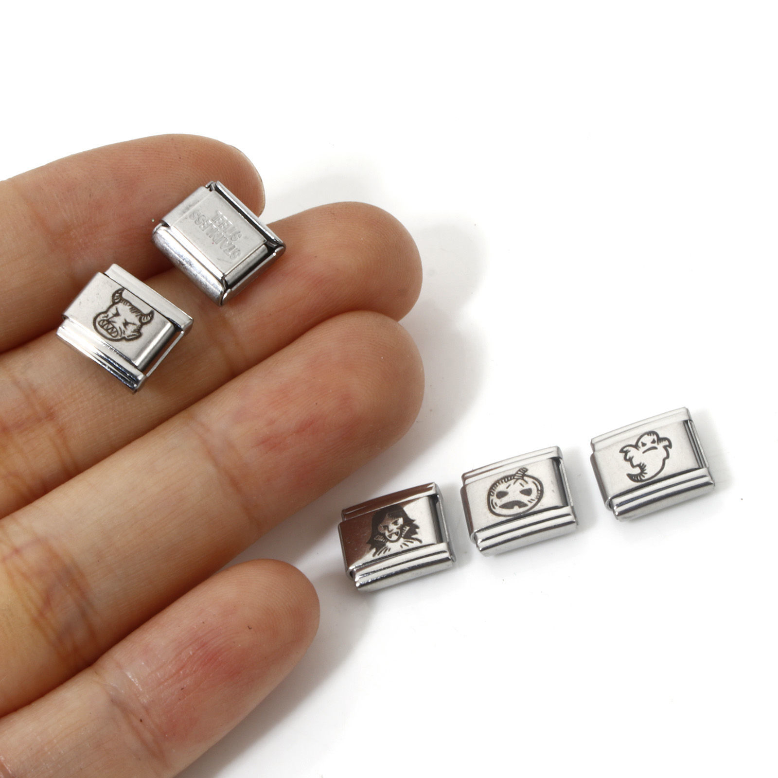 Picture of Stainless Steel Halloween Italian Charm Links For DIY Bracelet Jewelry Making Silver Tone Rectangle 10mm x 9mm