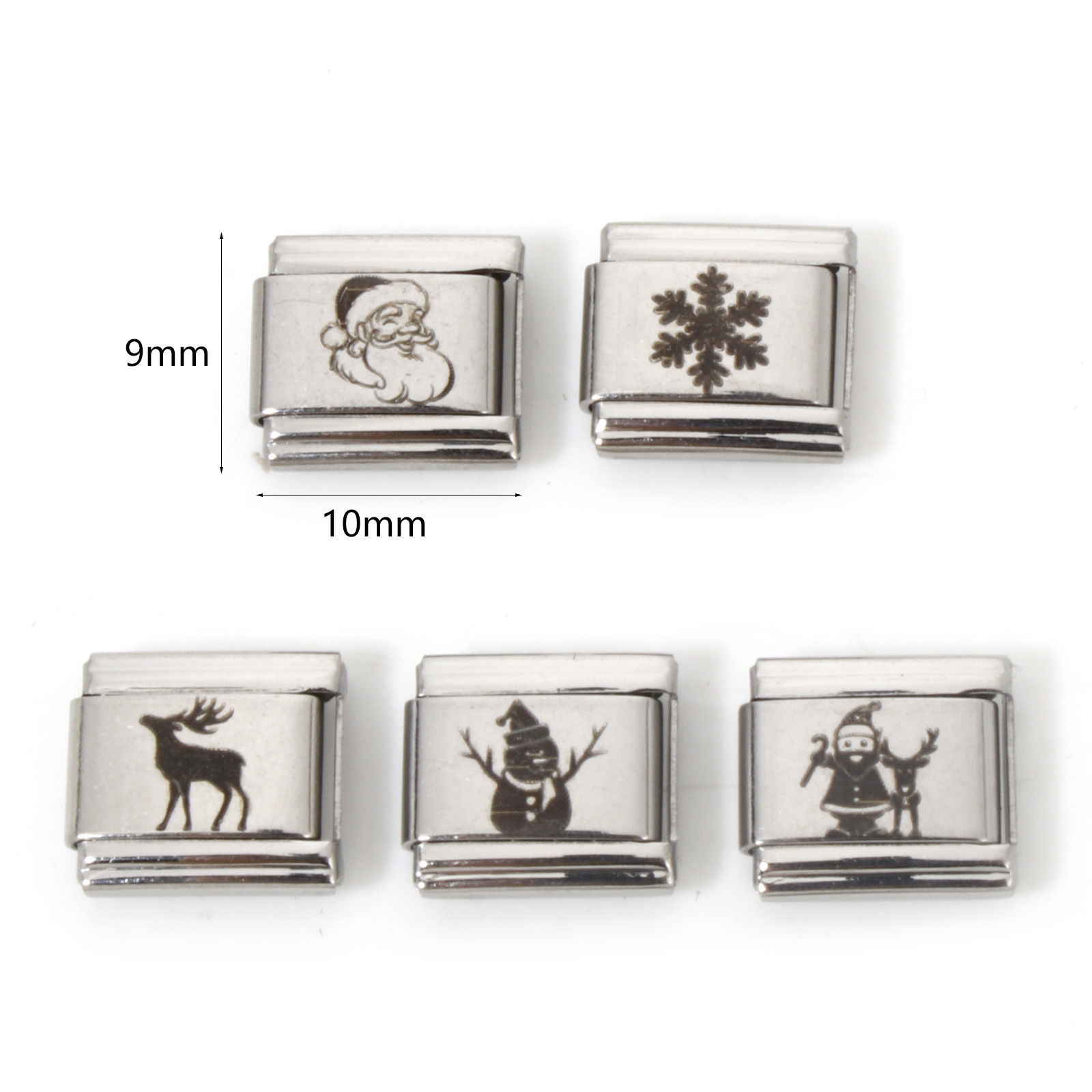 Picture of Stainless Steel Christmas Italian Charm Links For DIY Bracelet Jewelry Making Silver Tone Rectangle 10mm x 9mm