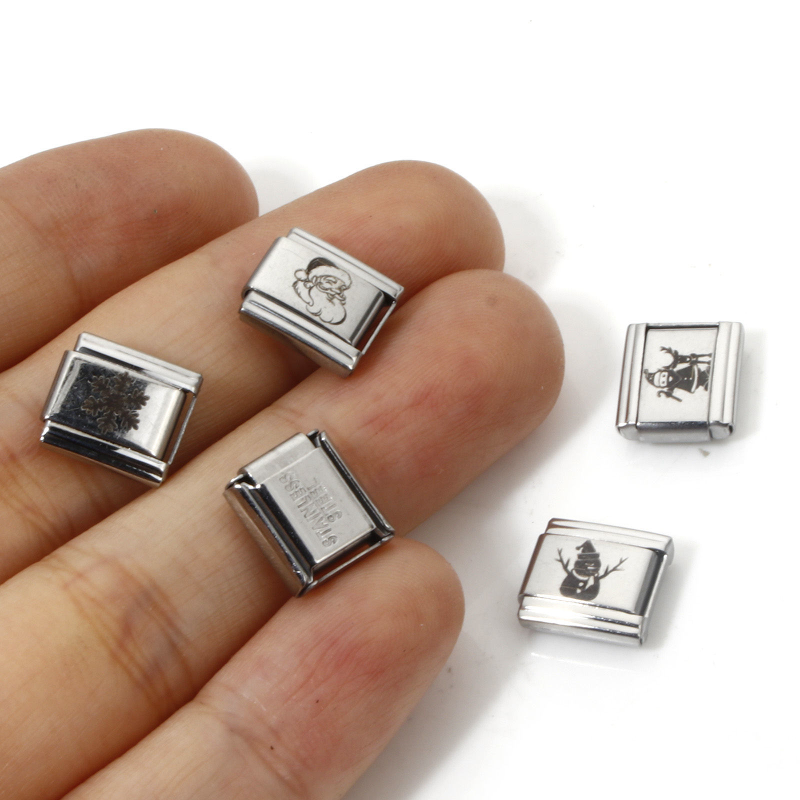 Picture of Stainless Steel Christmas Italian Charm Links For DIY Bracelet Jewelry Making Silver Tone Rectangle 10mm x 9mm