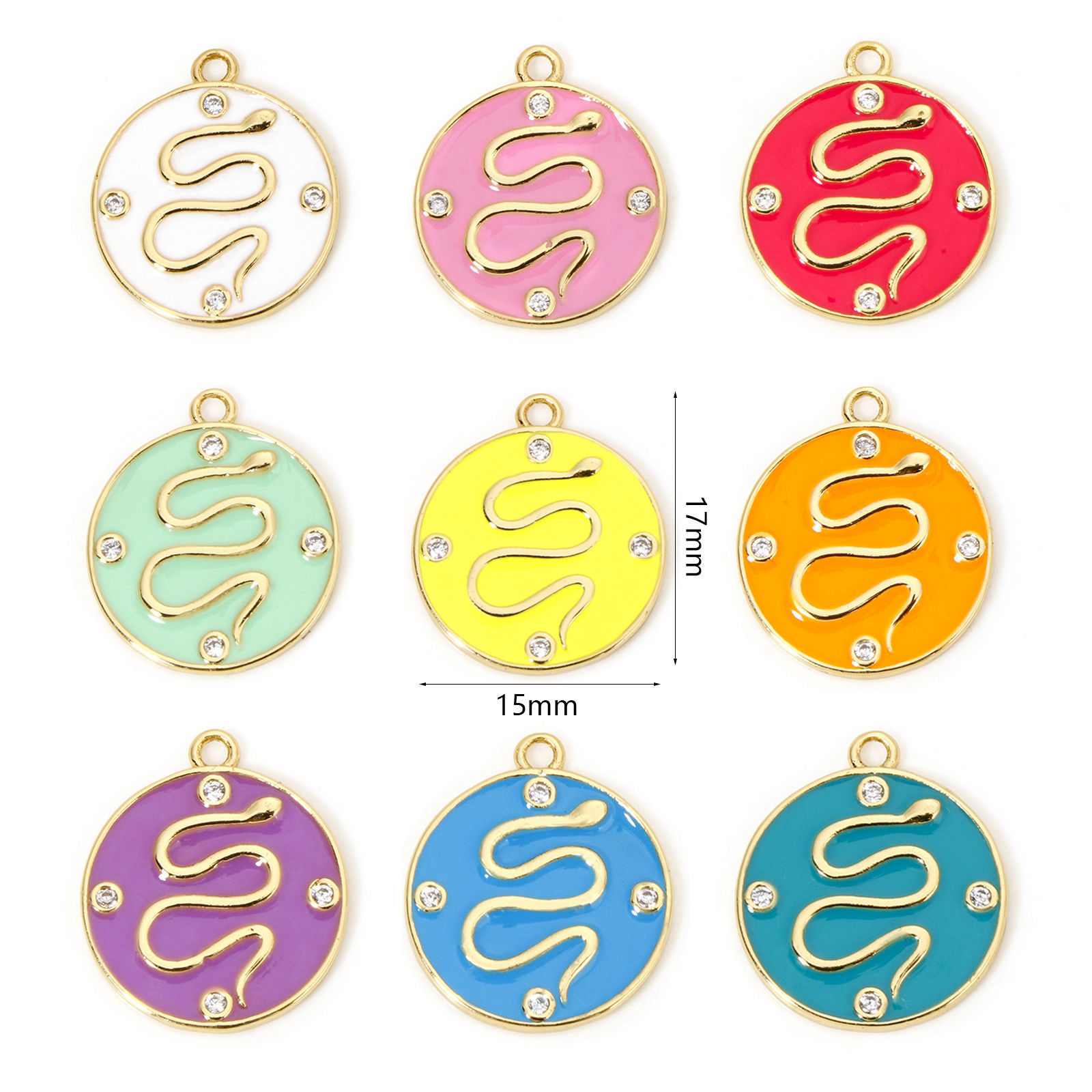 Image de 1 Pièce Breloques en Laiton Respectueux de la Nature Rond Plaqué Or Véritable 18K Multicolore Serpents Émail à Zircone Cubique Clair 17mm x 15mm