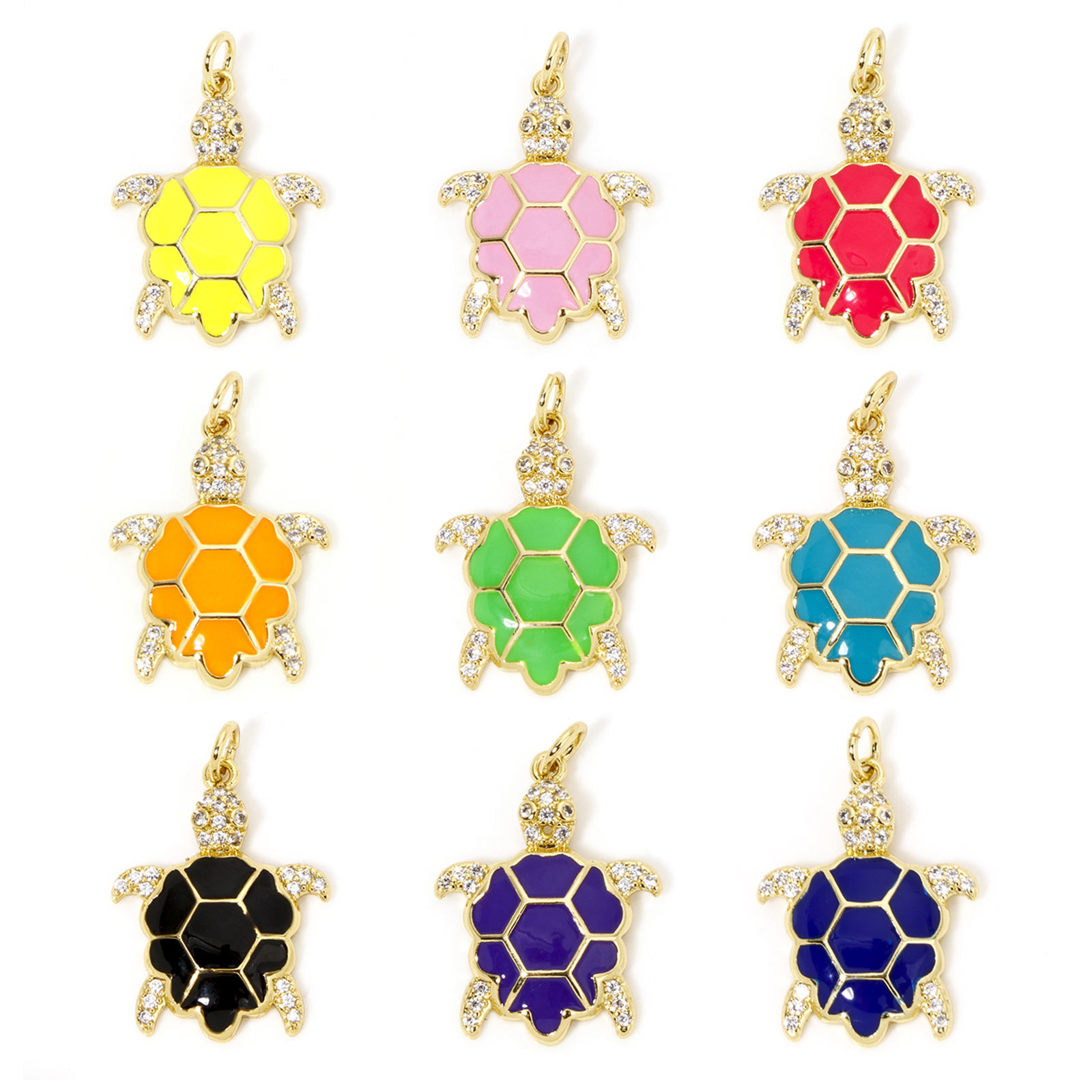 Image de 1 Pièce Breloques Bijoux d'Océan en Laiton Respectueux de la Nature Tortue de Mer Plaqué Or Véritable 18K Multicolore Émail à Zircone Cubique Clair 26mm x 17mm