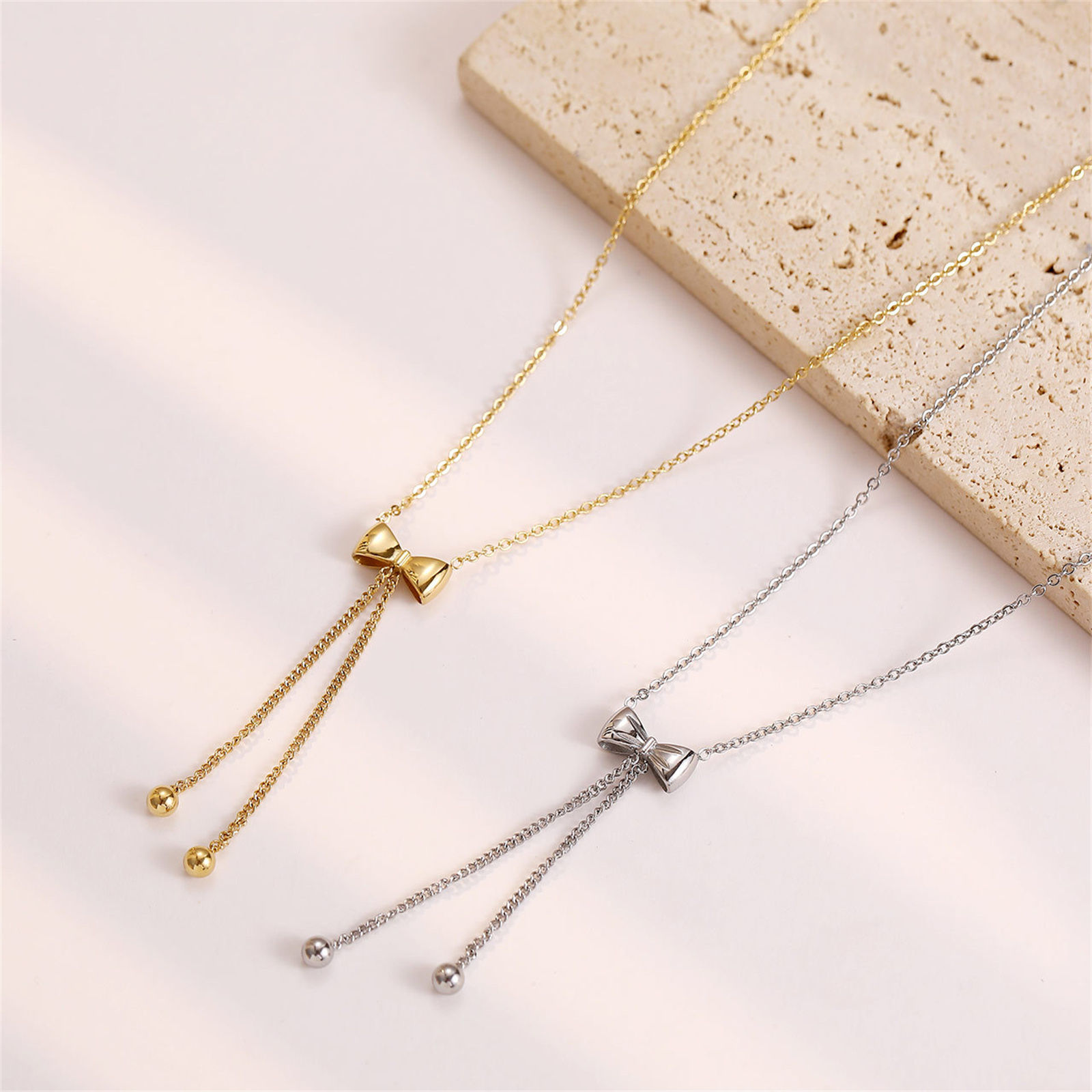 Picture of Hypoallergenic Sweet & Cute Ins Style Real Gold Plated 304 Stainless Steel Link Cable Chain Bowknot Tassel Pendant Necklace For Women Party