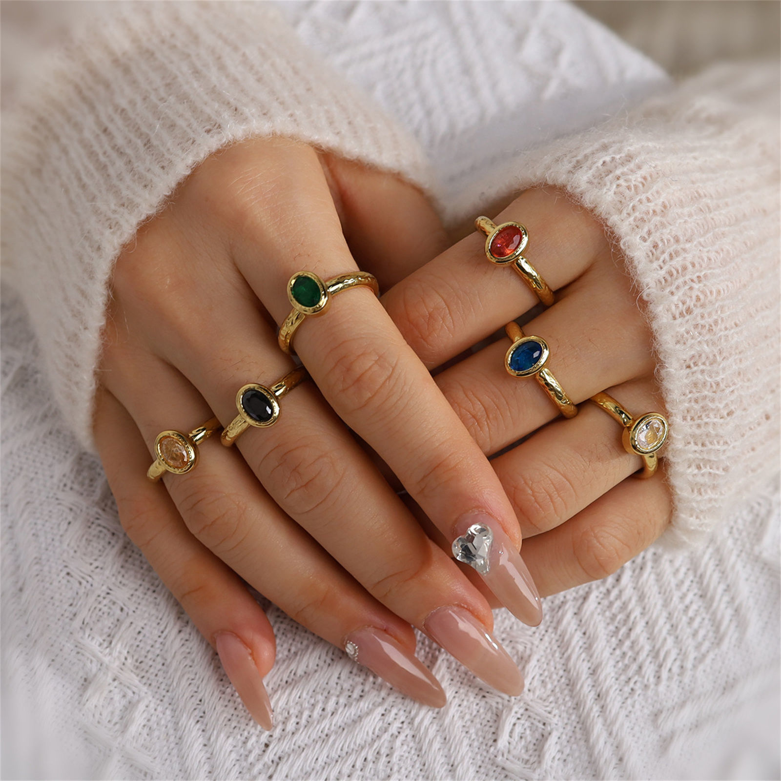 Picture of Eco-friendly Vacuum Plating Dainty Birthstone 18K Real Gold Plated Multicolor 304 Stainless Steel & Cubic Zirconia Open Oval Rings For Women Birthday