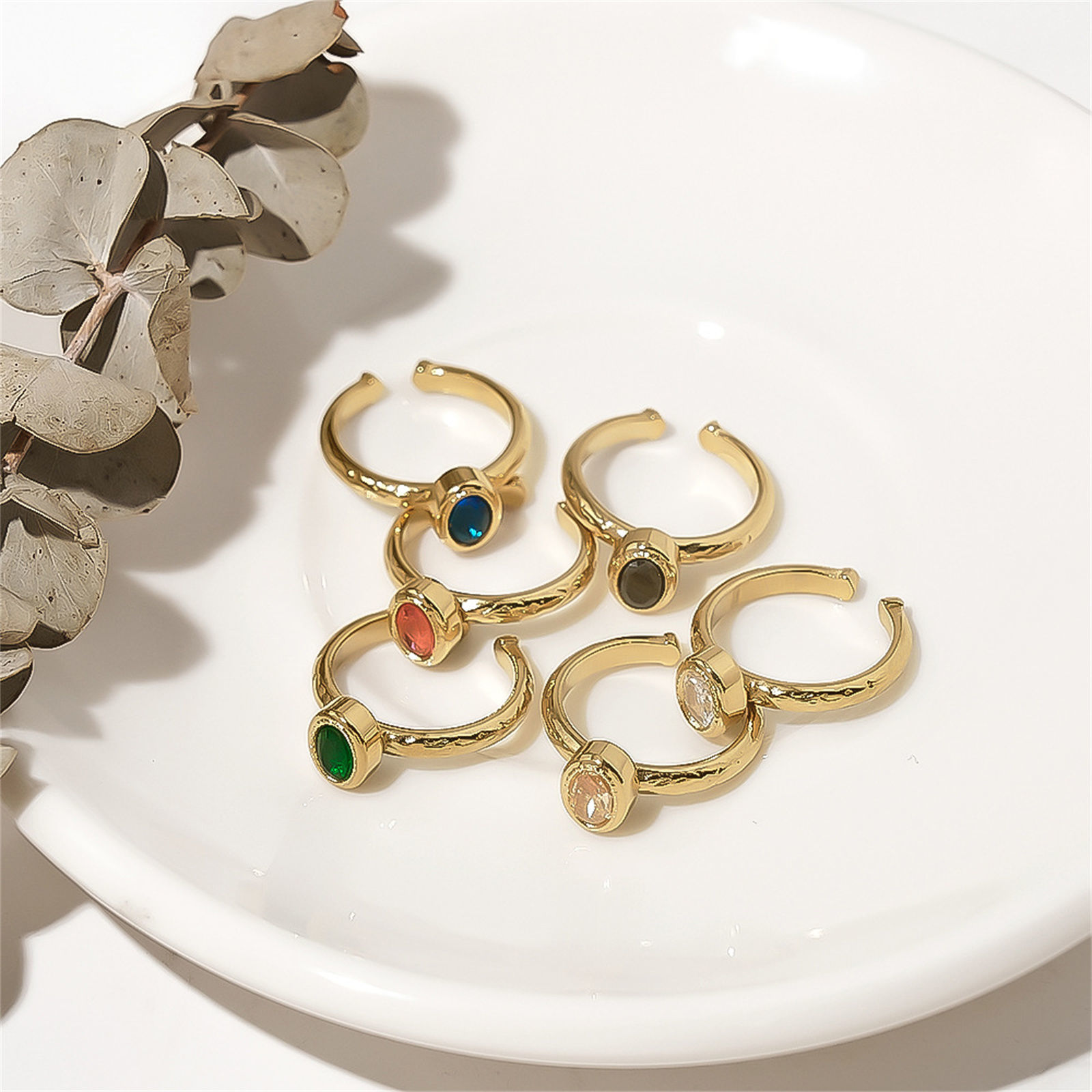 Picture of Eco-friendly Vacuum Plating Dainty Birthstone 18K Real Gold Plated Multicolor 304 Stainless Steel & Cubic Zirconia Open Oval Rings For Women Birthday