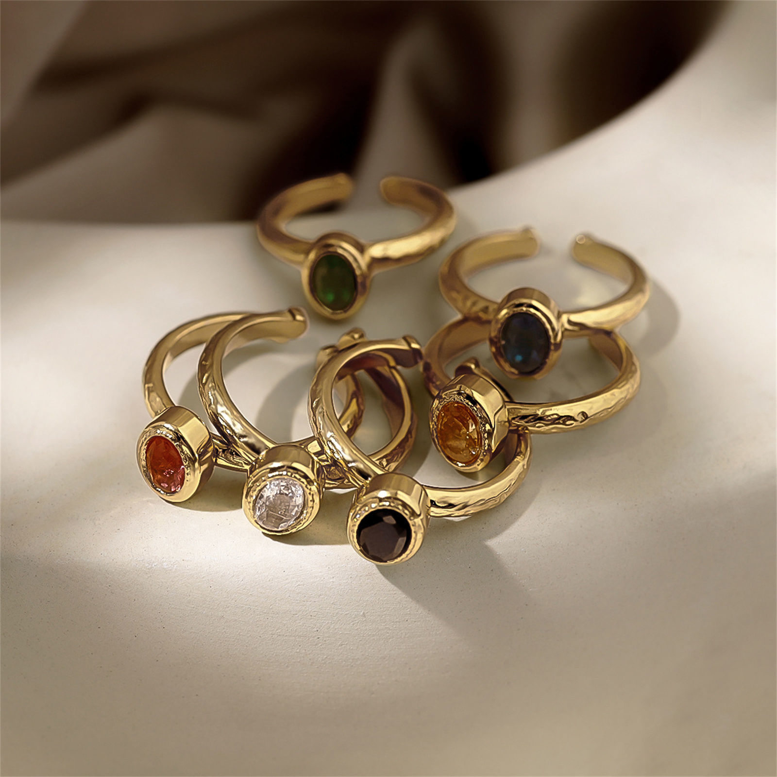 Picture of Eco-friendly Vacuum Plating Dainty Birthstone 18K Real Gold Plated Multicolor 304 Stainless Steel & Cubic Zirconia Open Oval Rings For Women Birthday