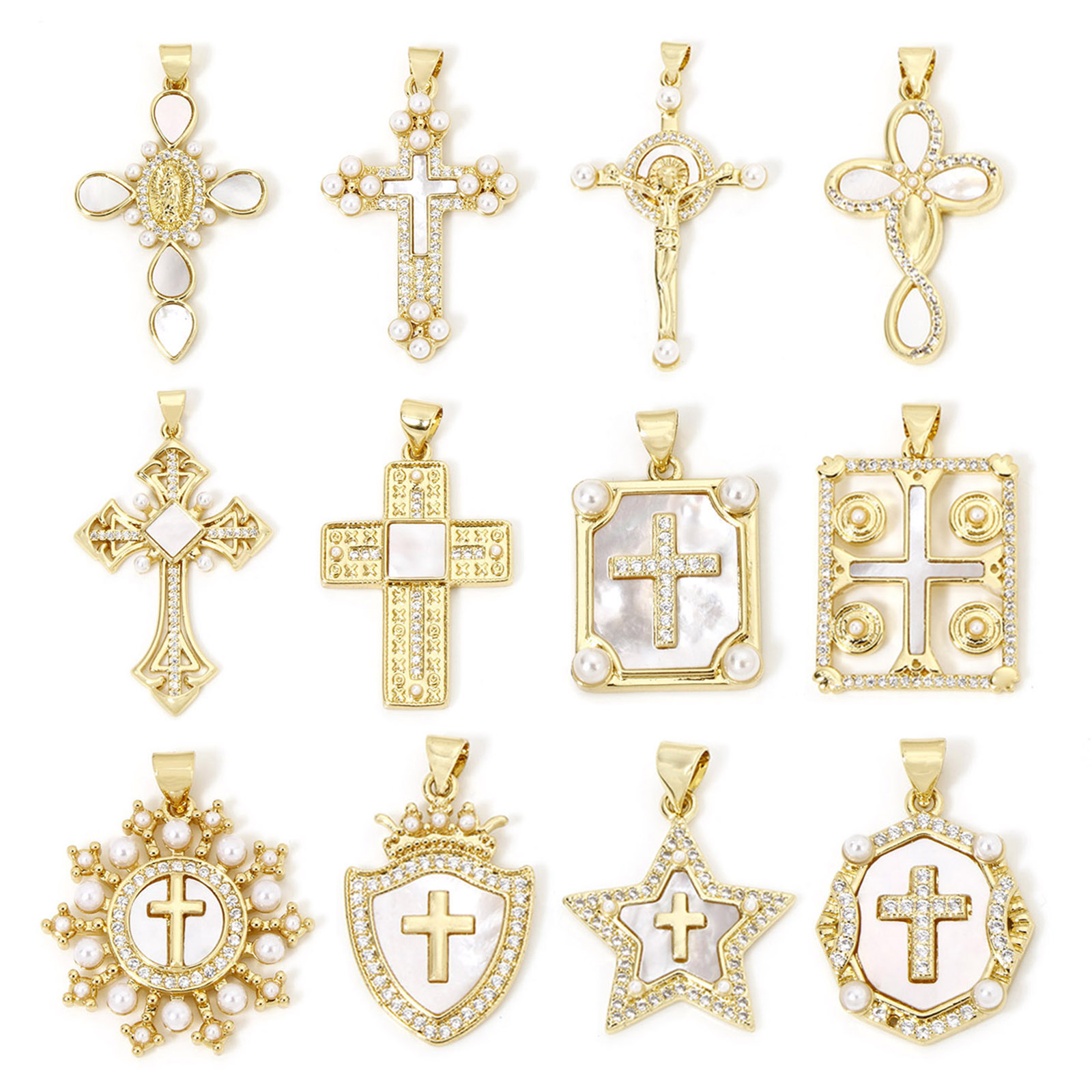Image de 1 Pièce Pendentifs Religieux en Coquille Naturelle & Laiton Plaqué Or 18K Croix Micro Pave à Zircone Cubique Clair