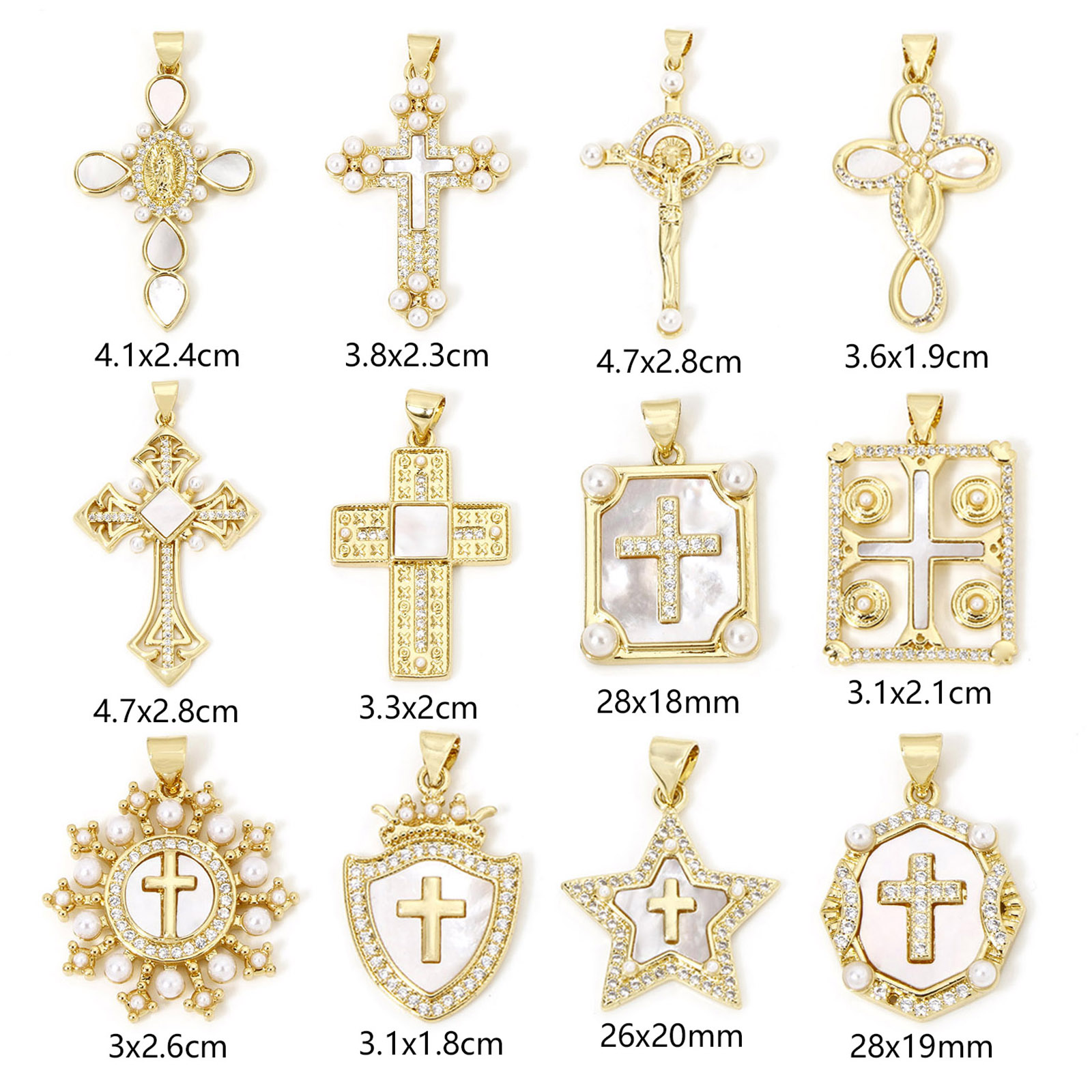 Image de 1 Pièce Pendentifs Religieux en Coquille Naturelle & Laiton Plaqué Or 18K Croix Micro Pave à Zircone Cubique Clair