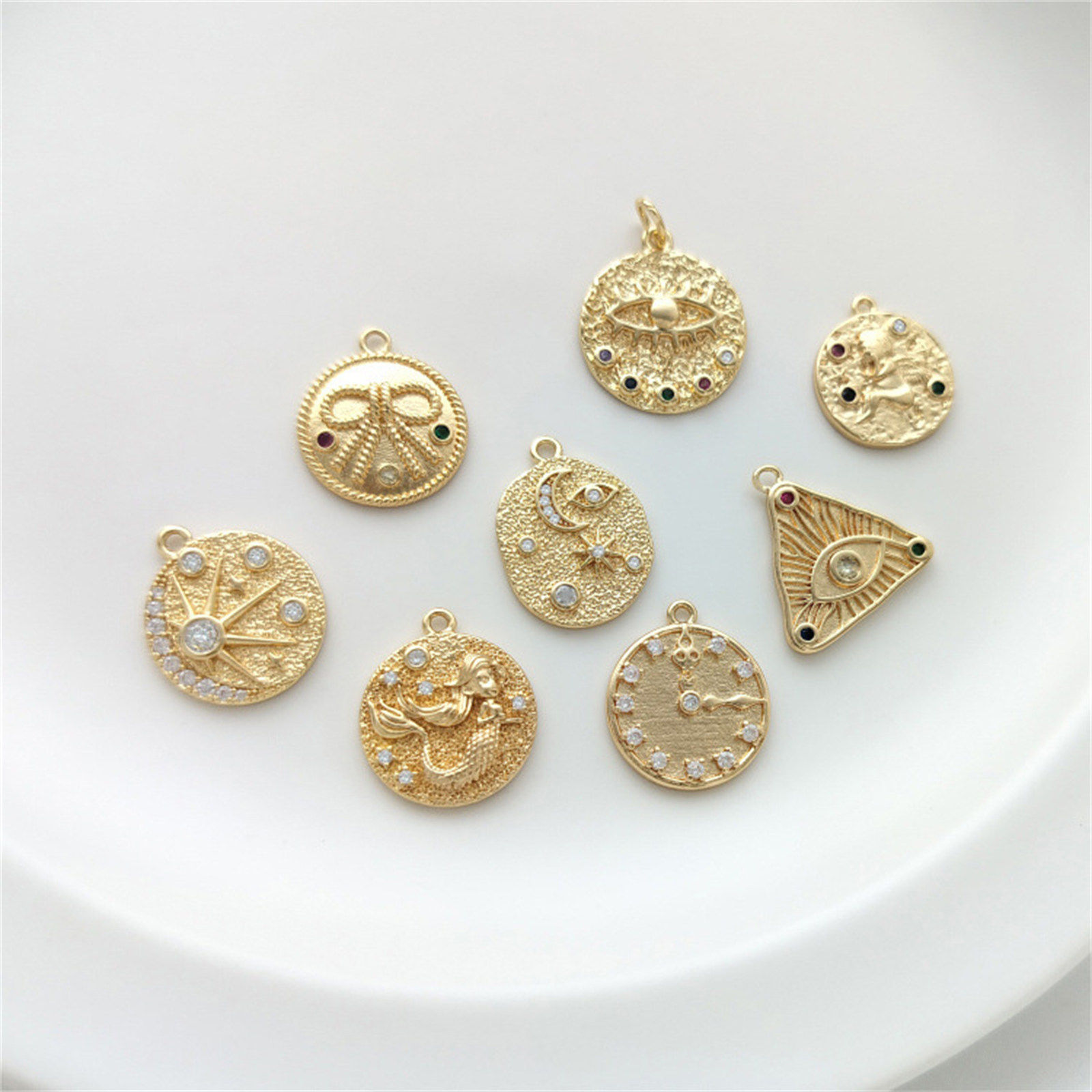 Picture of Eco-friendly Brass Charms 14K Real Gold Plated Round Multicolour Cubic Zirconia