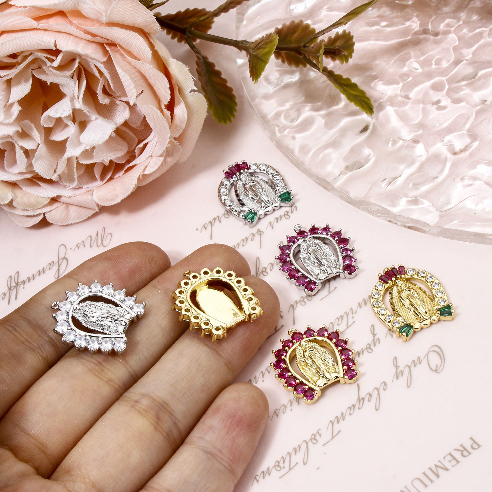 Picture of Brass Charms Arched Virgin Mary Micro Pave Multicolour Cubic Zirconia