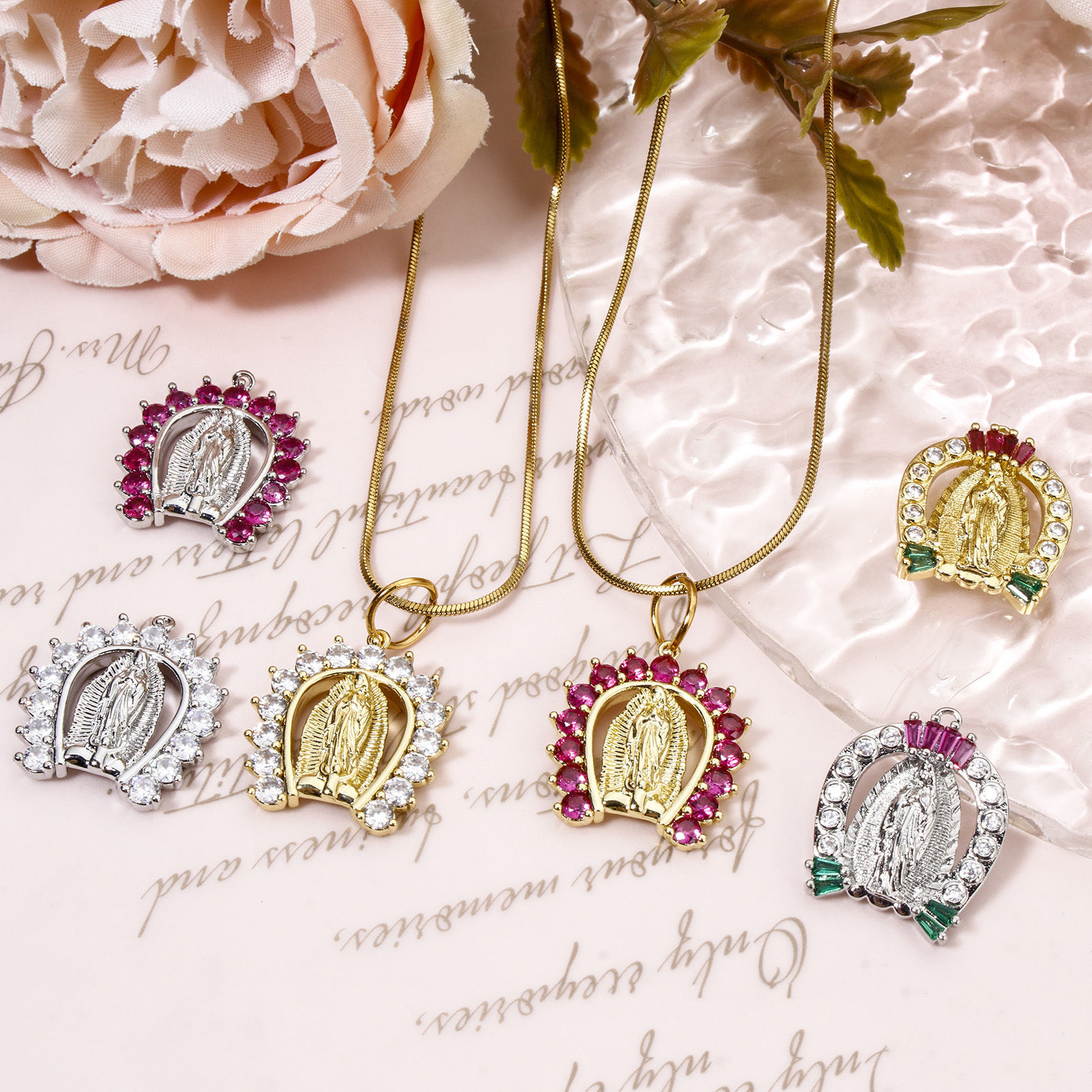 Picture of Brass Charms Arched Virgin Mary Micro Pave Multicolour Cubic Zirconia