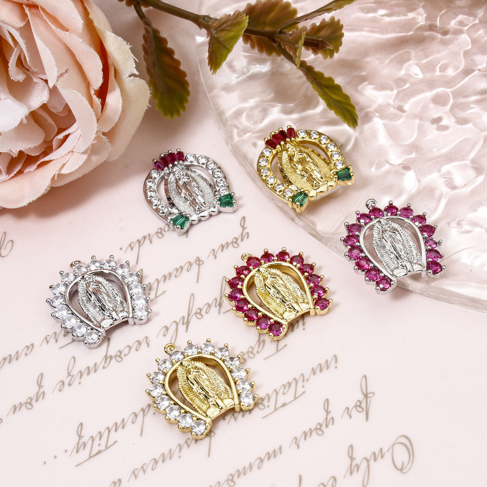 Picture of Brass Charms Arched Virgin Mary Micro Pave Multicolour Cubic Zirconia