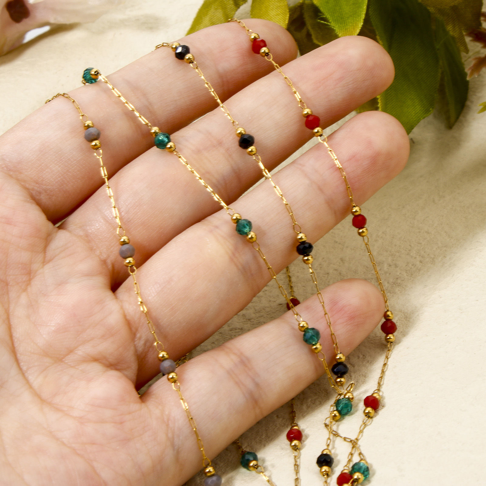 Picture of Vacuum Plating 304 Stainless Steel Beaded Chain Necklace 18K Gold Plated Multicolor Round Faceted 40cm(15.7") long