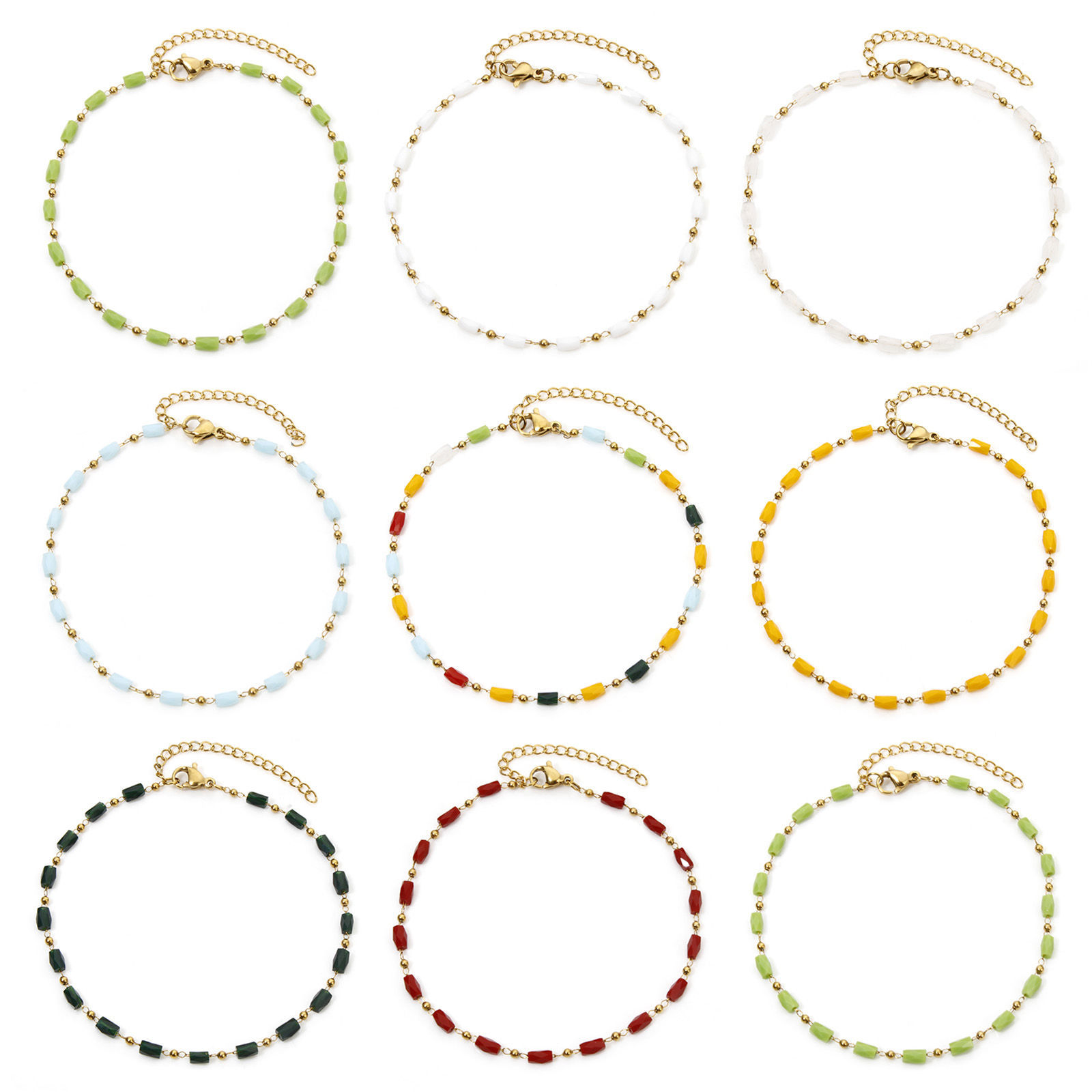 Immagine di 1 Pz Placcatura Sottovuoto 304 Acciaio Inossidabile Catena di Perline Cavigliere Placcato Oro 18K Multicolore Sezione Cilindrico 20.5cm lunghezza