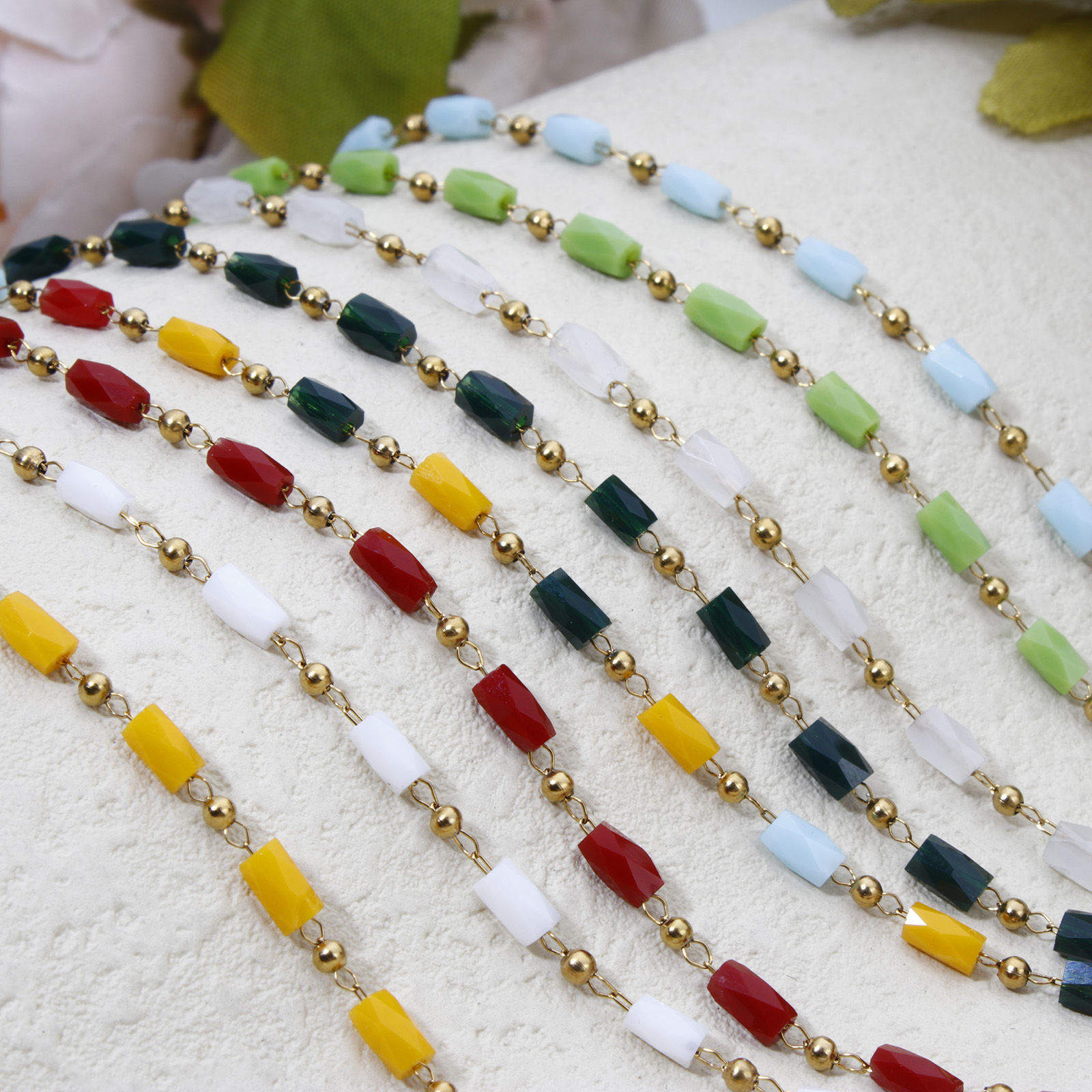 Immagine di 1 Pz Placcatura Sottovuoto 304 Acciaio Inossidabile Catena di Perline Cavigliere Placcato Oro 18K Multicolore Sezione Cilindrico 20.5cm lunghezza