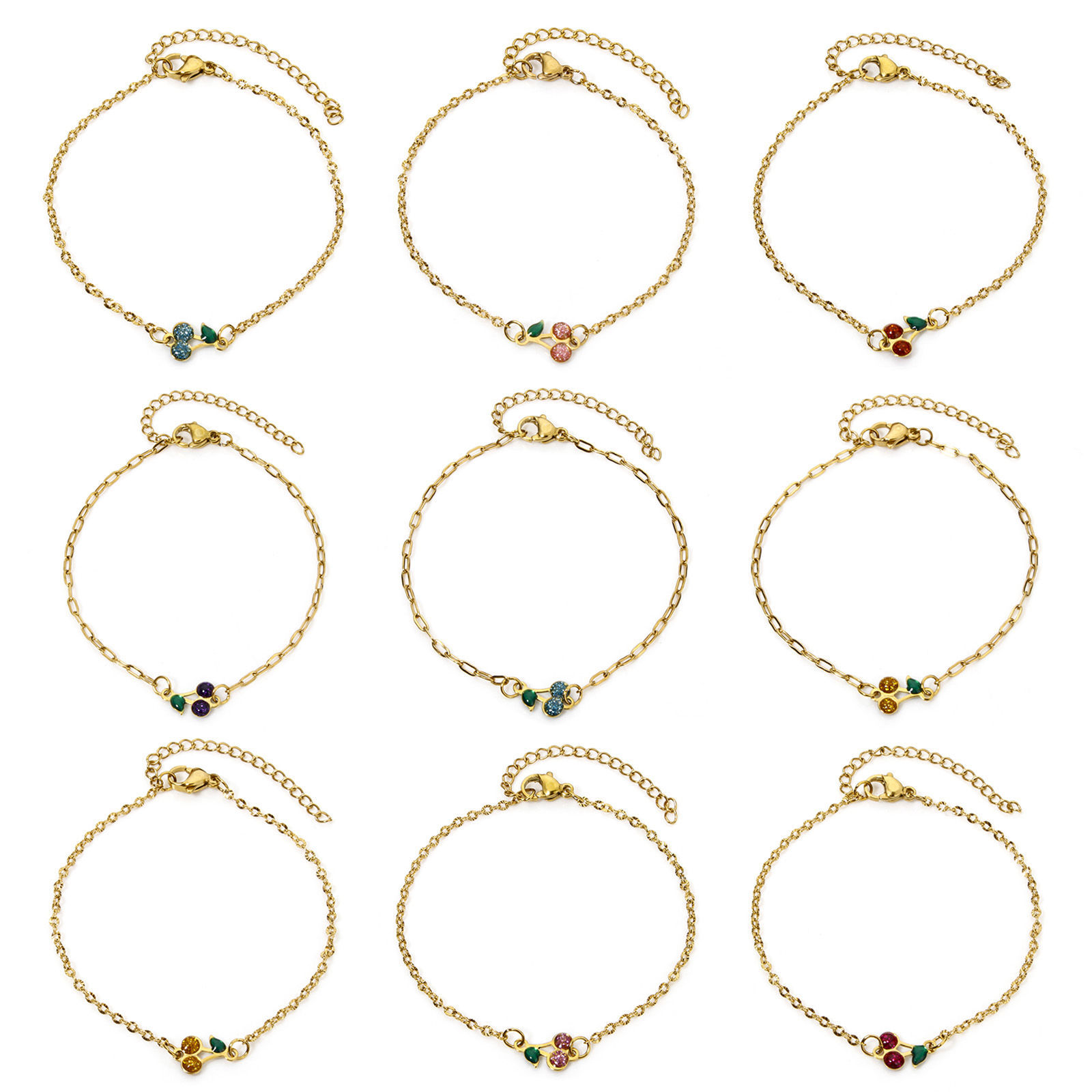 Picture of Vacuum Plating 304 Stainless Steel Enamelled Sequins Link Cable Chain Bracelets 18K Gold Plated Multicolor Cherry Fruit Glitter 17cm(6.7") long
