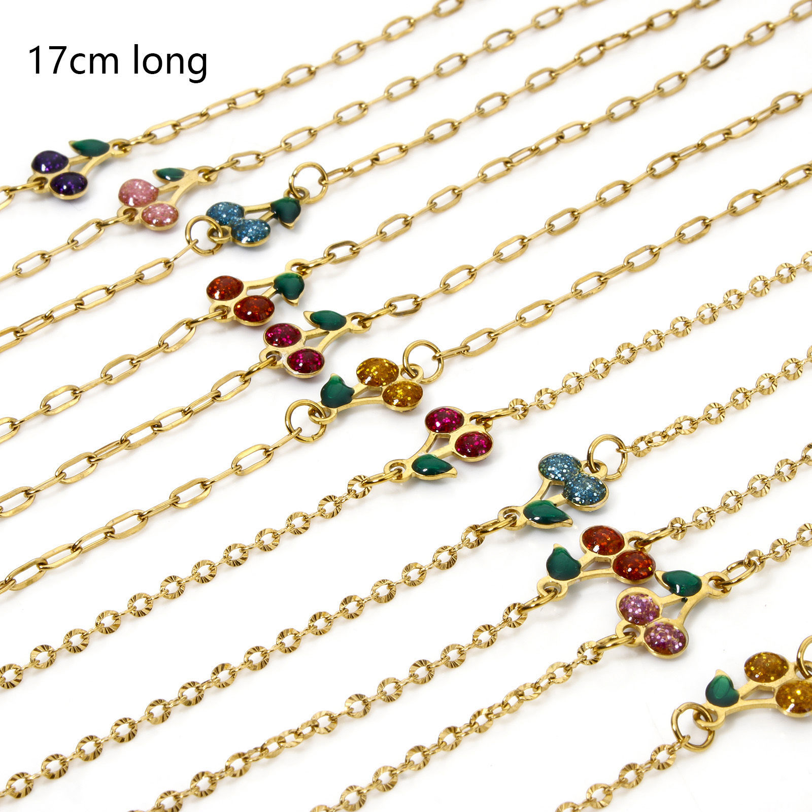 Picture of Vacuum Plating 304 Stainless Steel Enamelled Sequins Link Cable Chain Bracelets 18K Gold Plated Multicolor Cherry Fruit Glitter 17cm(6.7") long