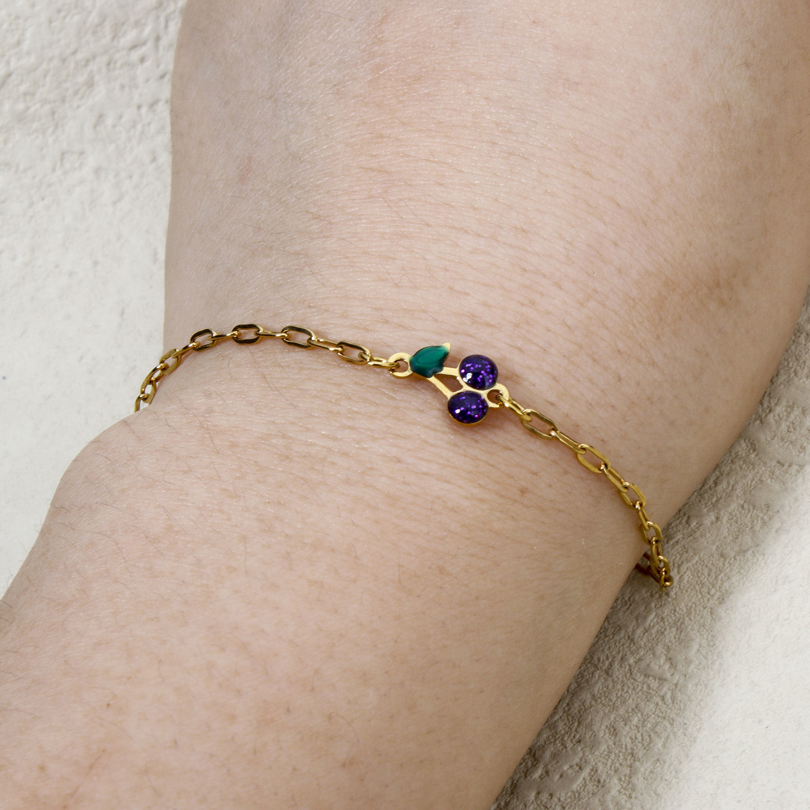 Picture of Vacuum Plating 304 Stainless Steel Enamelled Sequins Link Cable Chain Bracelets 18K Gold Plated Multicolor Cherry Fruit Glitter 17cm(6.7") long
