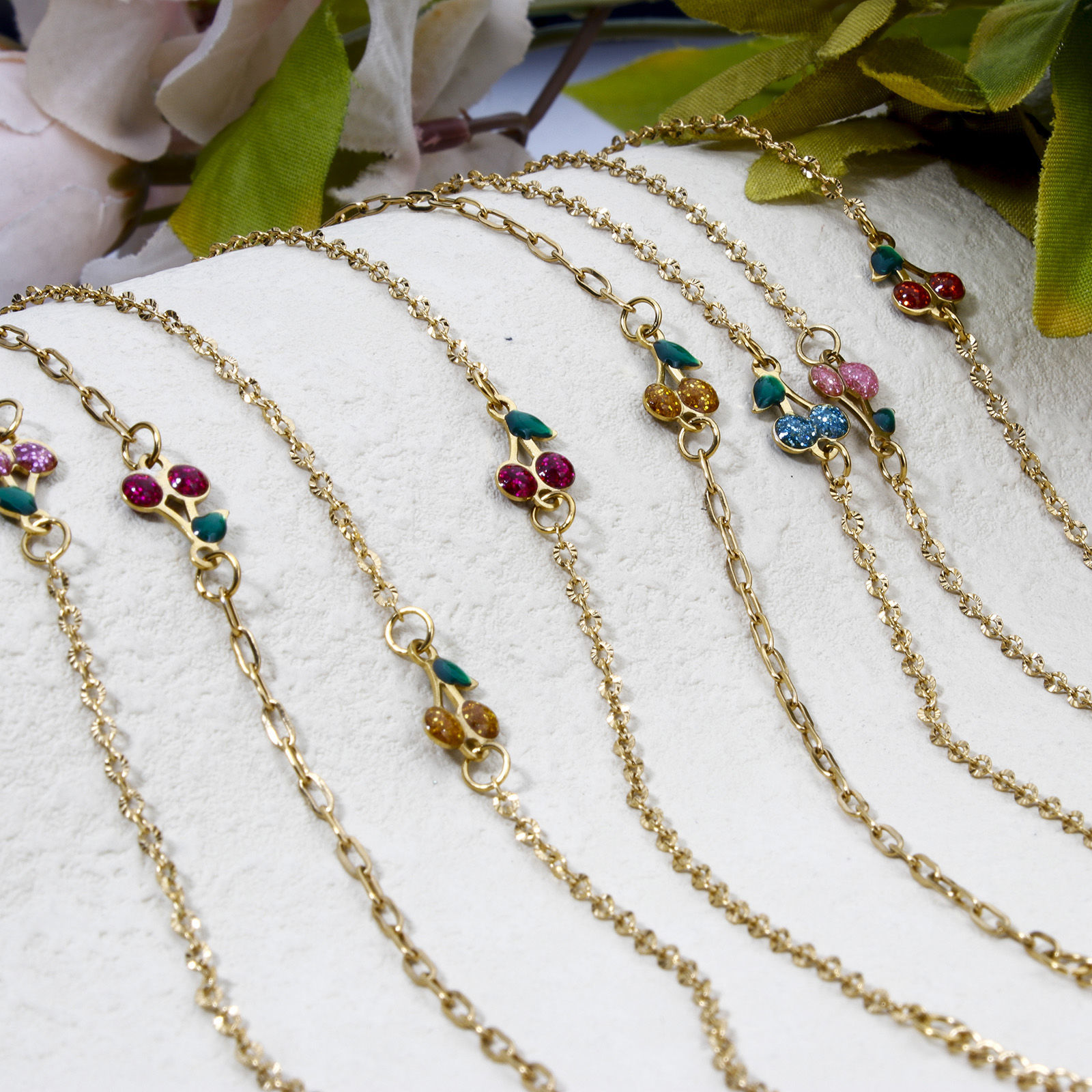 Picture of Vacuum Plating 304 Stainless Steel Enamelled Sequins Link Cable Chain Bracelets 18K Gold Plated Multicolor Cherry Fruit Glitter 17cm(6.7") long