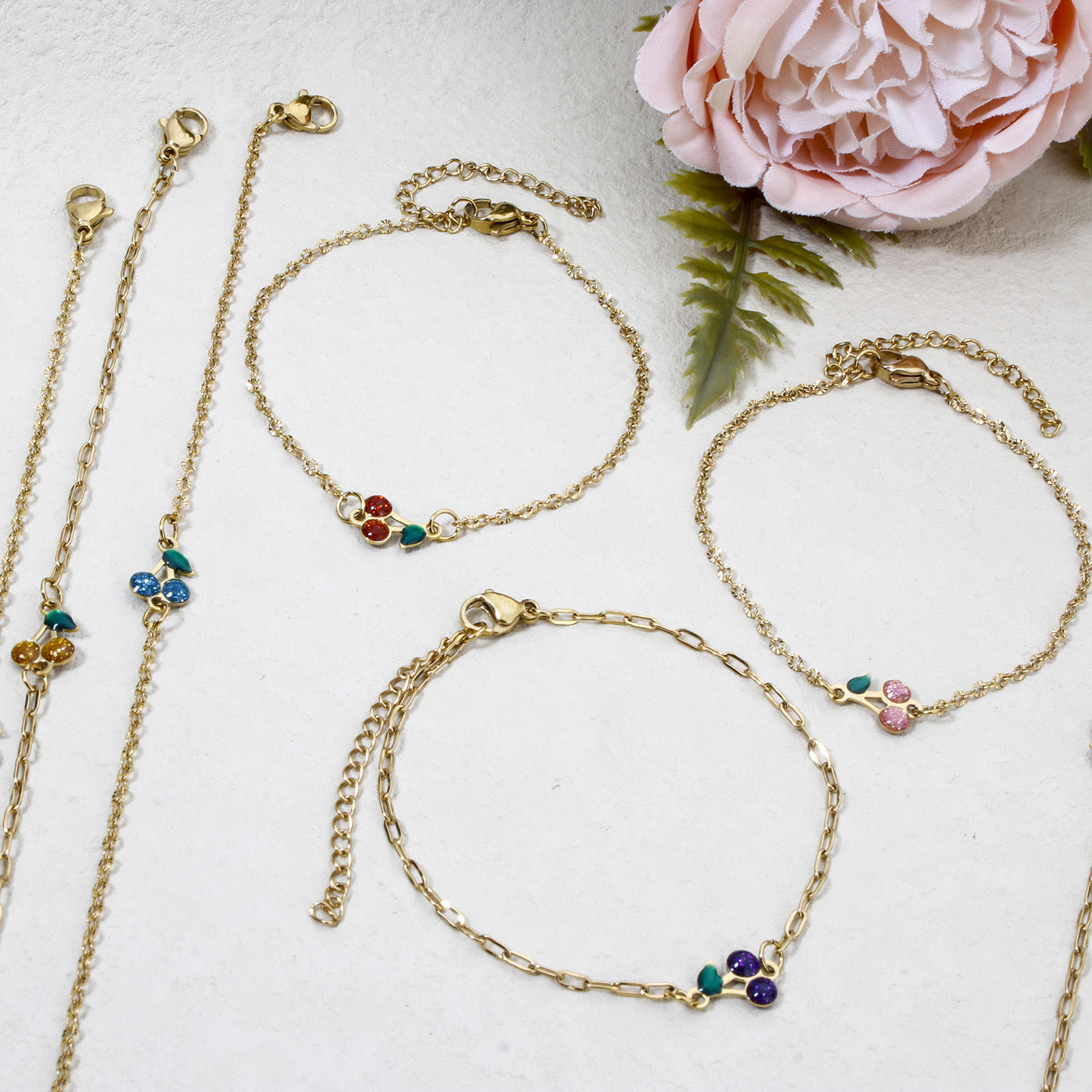 Picture of Vacuum Plating 304 Stainless Steel Enamelled Sequins Link Cable Chain Bracelets 18K Gold Plated Multicolor Cherry Fruit Glitter 17cm(6.7") long