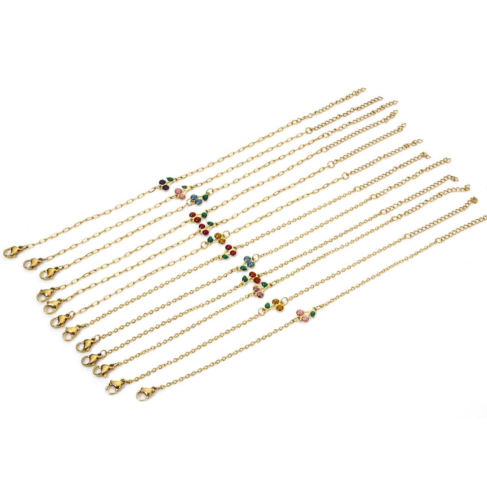 Picture of Vacuum Plating 304 Stainless Steel Enamelled Sequins Link Cable Chain Bracelets 18K Gold Plated Multicolor Cherry Fruit Glitter 17cm(6.7") long