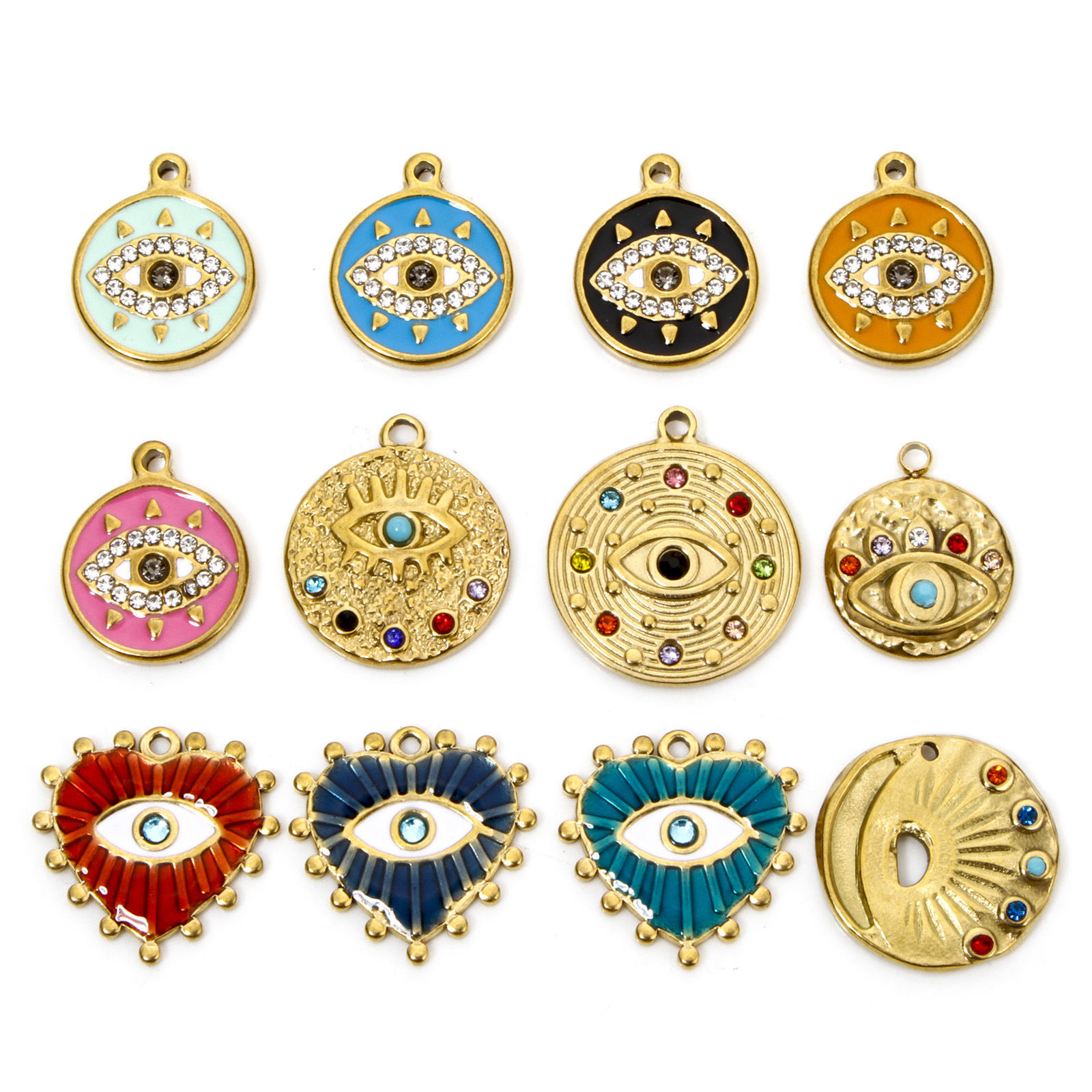 Picture of Eco-friendly Vacuum Plating 304 Stainless Steel Religious Charmes Gold Plated Evil Eye Rhinestone