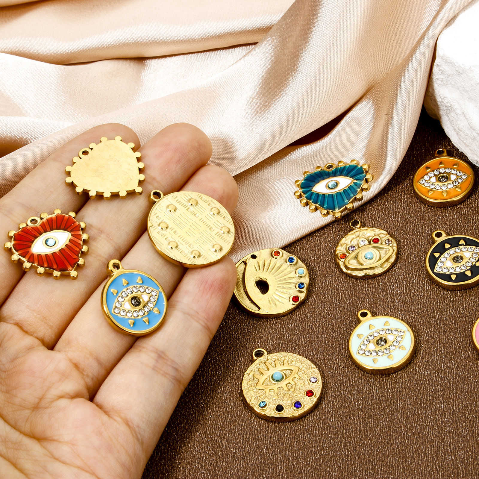 Picture of Eco-friendly Vacuum Plating 304 Stainless Steel Religious Charmes Gold Plated Evil Eye Rhinestone