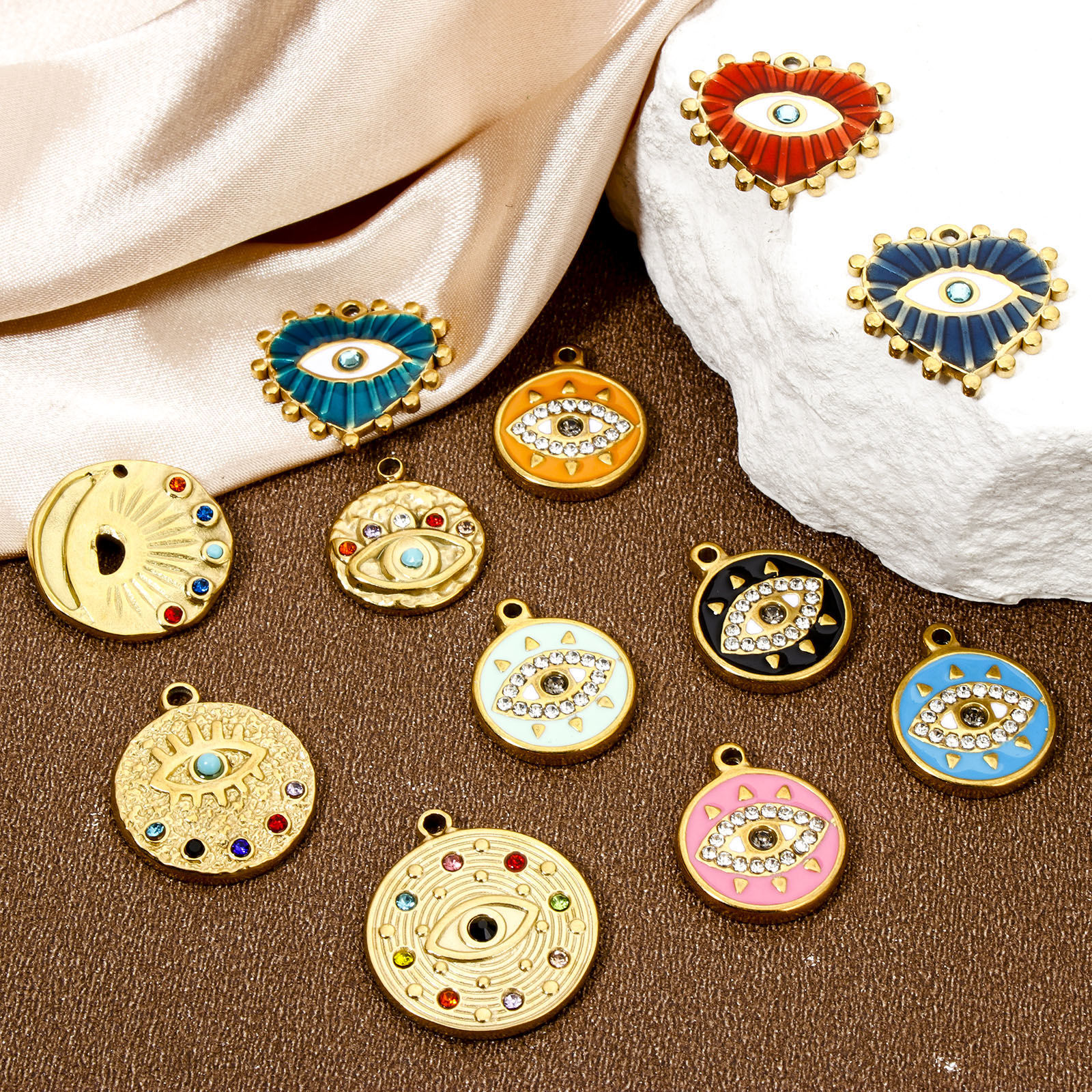 Picture of Eco-friendly Vacuum Plating 304 Stainless Steel Religious Charmes Gold Plated Evil Eye Rhinestone