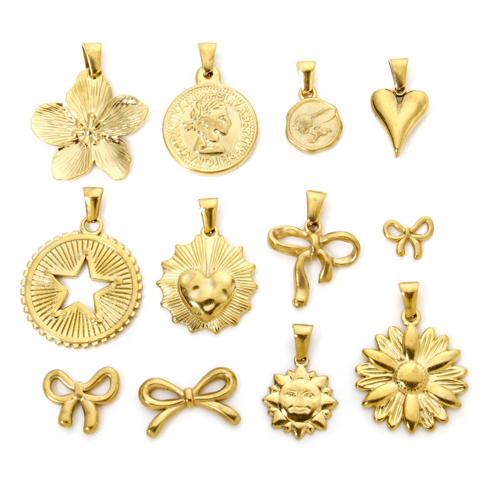 Image de 2 Pcs Pendentif Breloque en 304 Acier Inoxydable Nœuds Papillon Doré Fleurs de Soleil